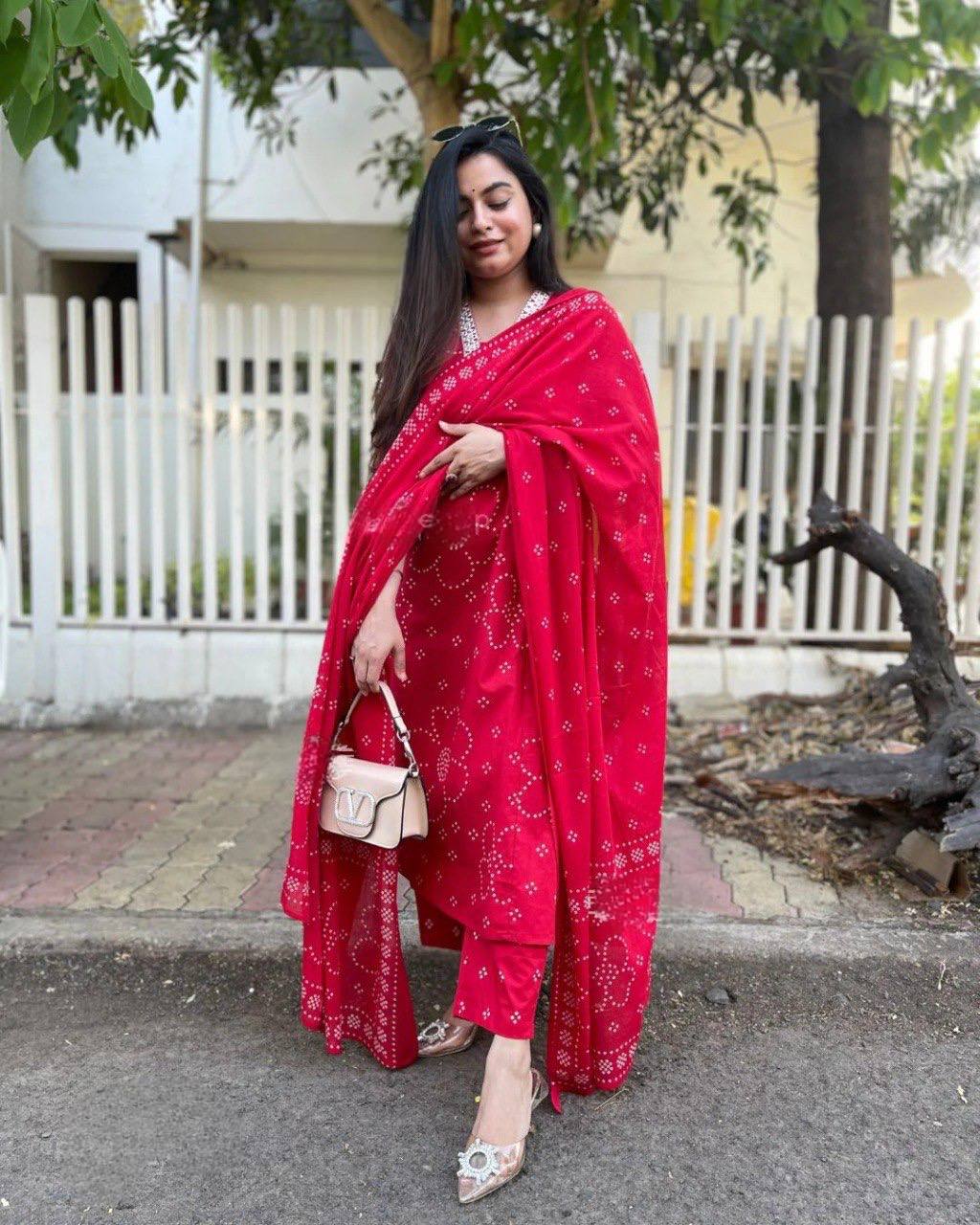 Women Viscose Rayon Red Kurta & Trousers With Dupatta