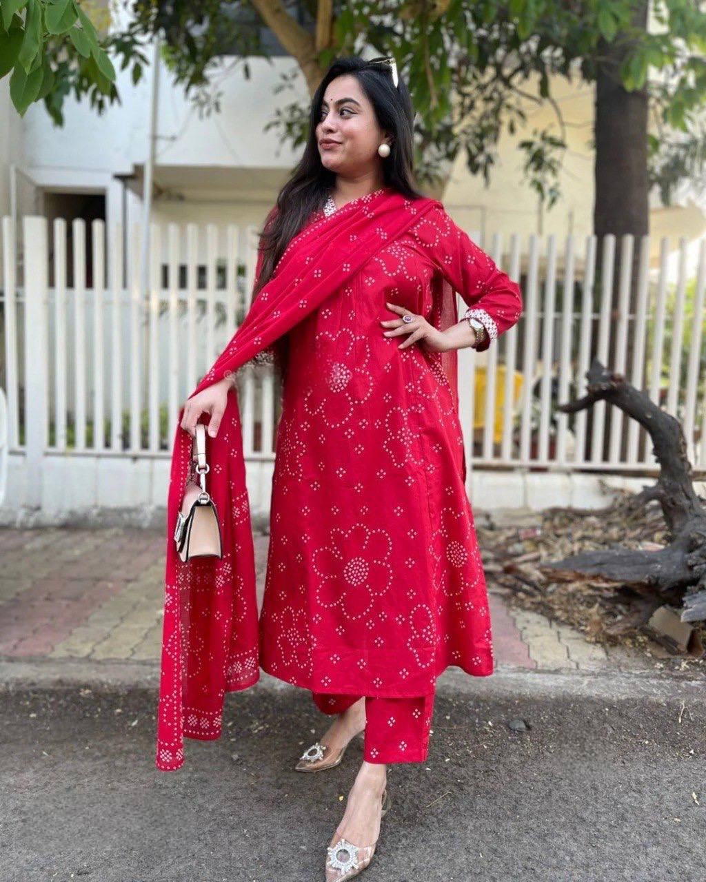 Women Viscose Rayon Red Kurta & Trousers With Dupatta