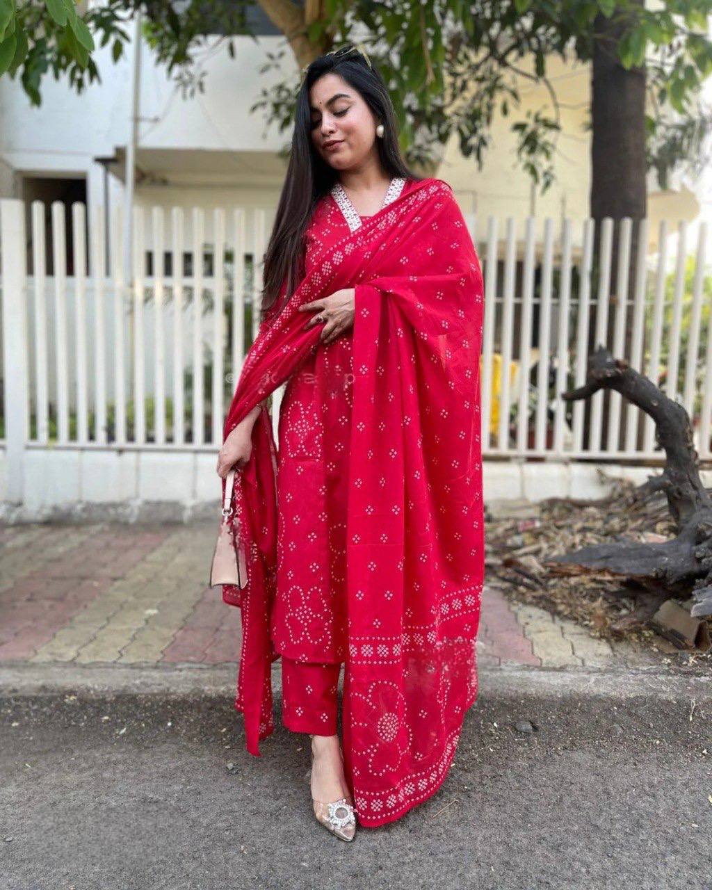 Women Viscose Rayon Red Kurta & Trousers With Dupatta