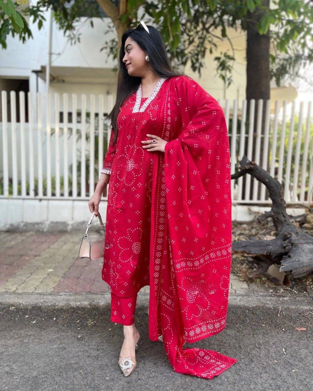 Women Viscose Rayon Red Kurta & Trousers With Dupatta