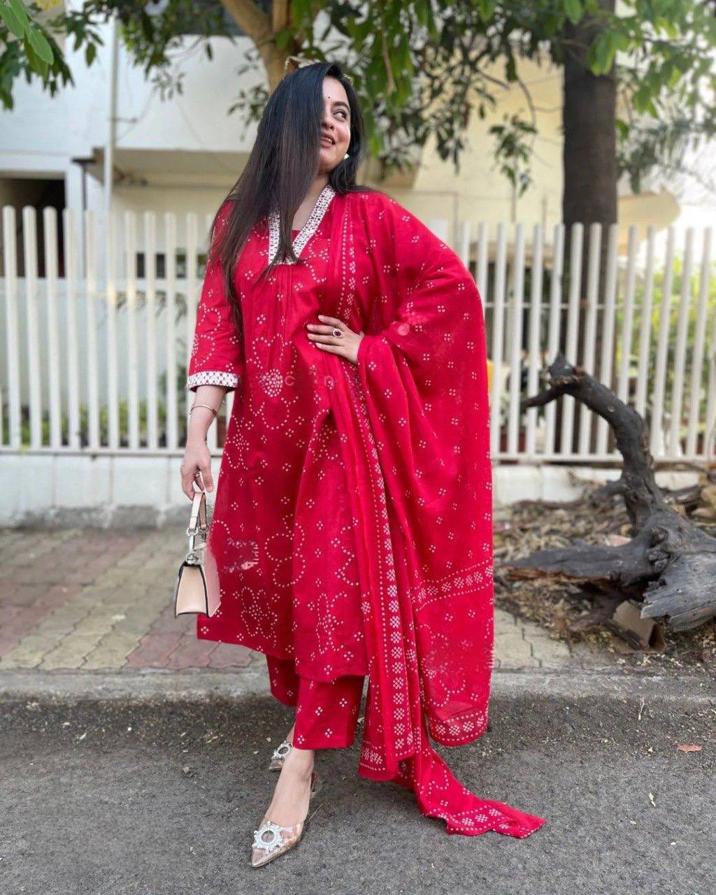 Women Viscose Rayon Red Kurta & Trousers With Dupatta