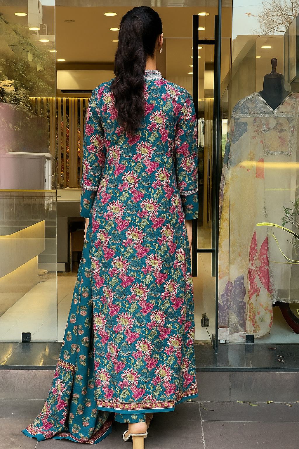 Nevy Blue Ethnic Set Women Printed A-Line Kurta and Pant set with Dupatta