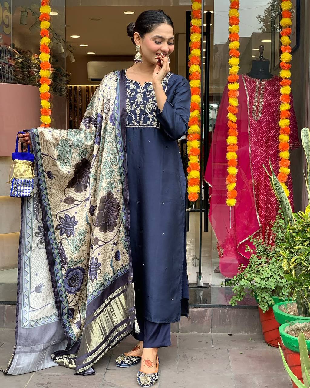 Navy Blue Color Viscose Chanderi Fabric Designer Printed Ethnic Partywear Suit