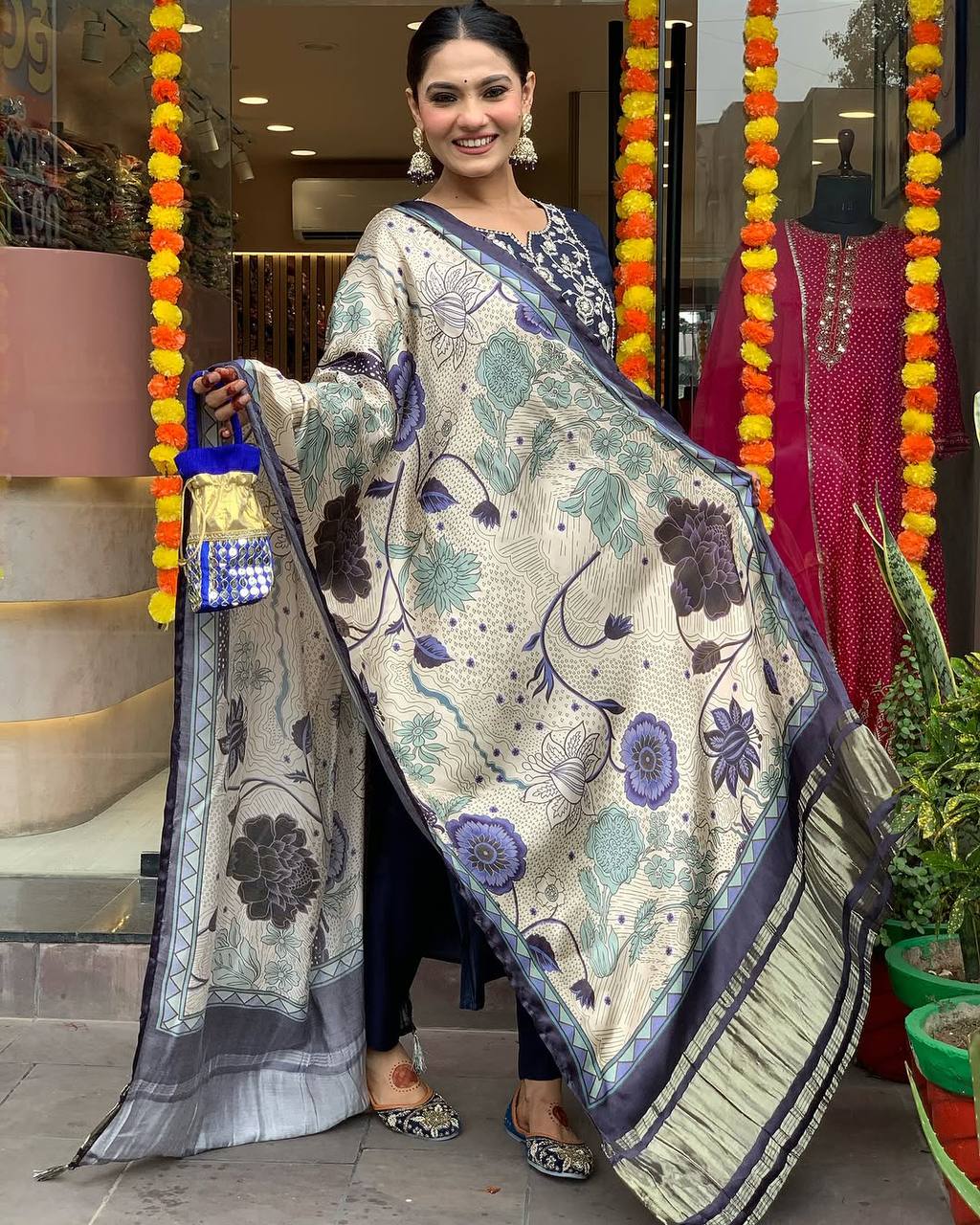 Navy Blue Color Viscose Chanderi Fabric Designer Printed Ethnic Partywear Suit