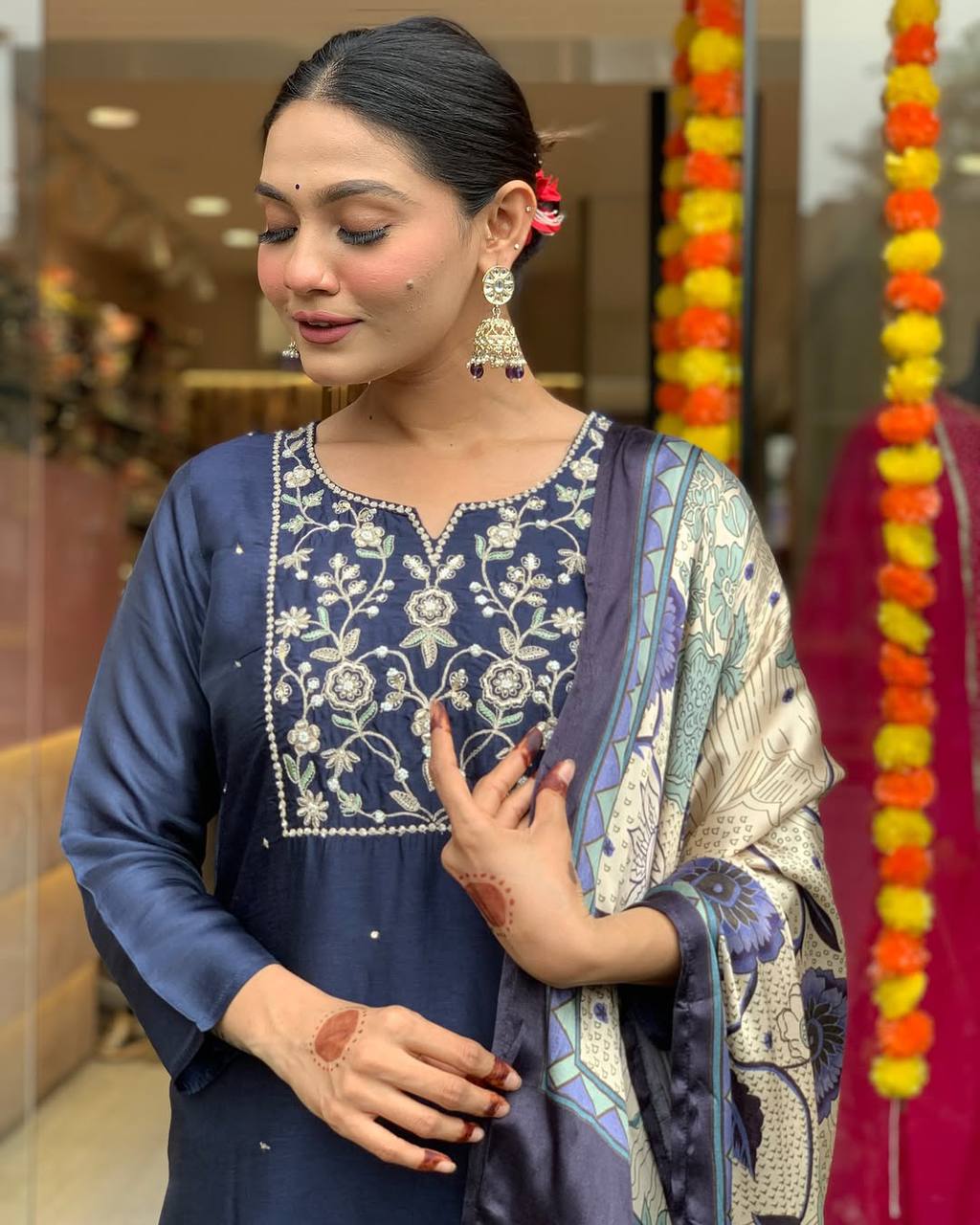 Navy Blue Color Viscose Chanderi Fabric Designer Printed Ethnic Partywear Suit