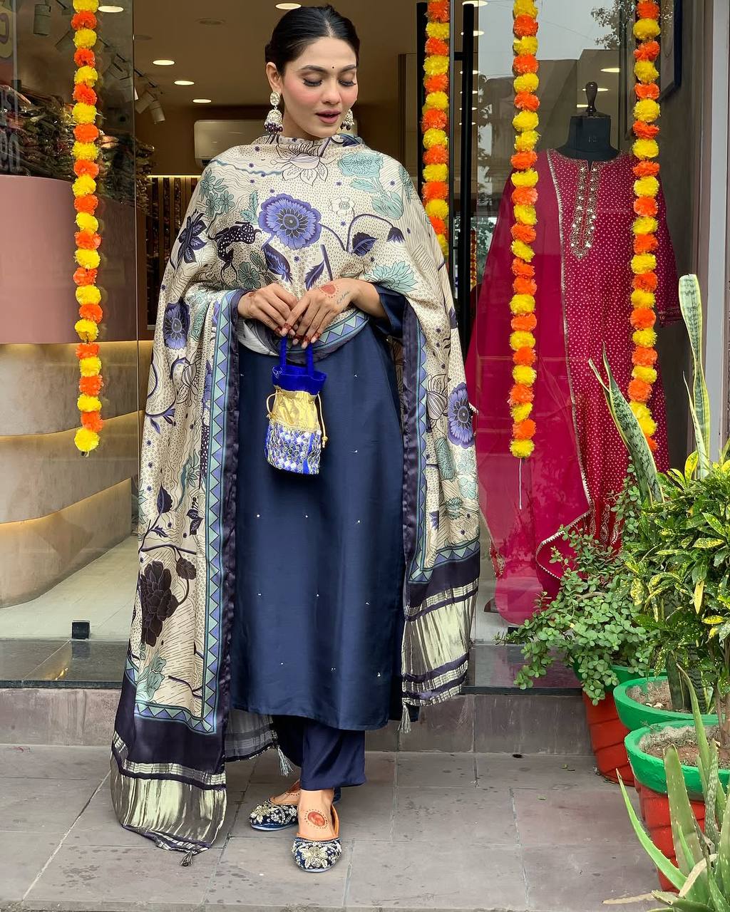 Navy Blue Color Viscose Chanderi Fabric Designer Printed Ethnic Partywear Suit