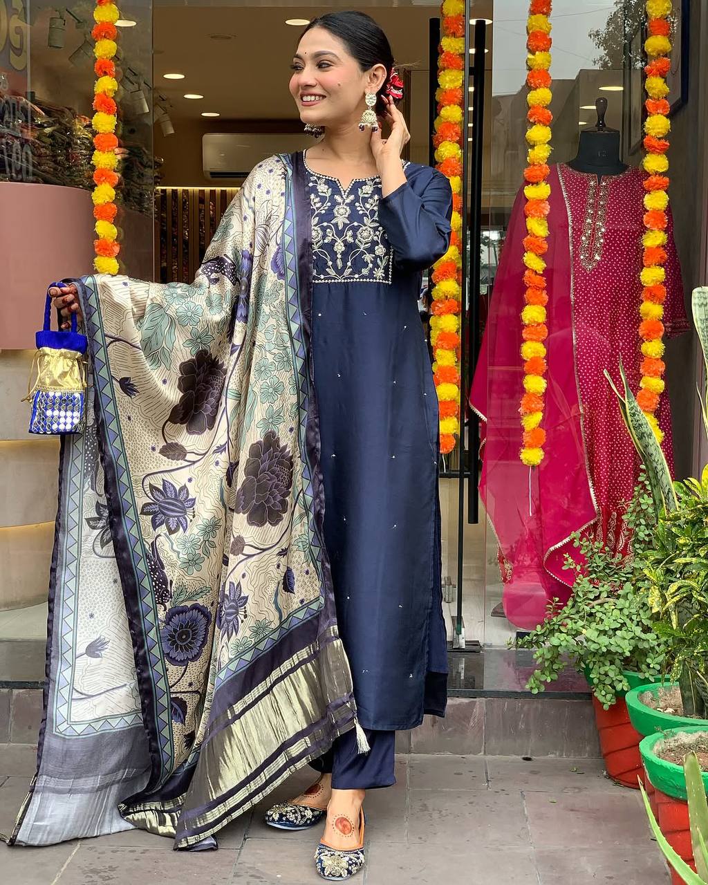 Navy Blue Color Viscose Chanderi Fabric Designer Printed Ethnic Partywear Suit