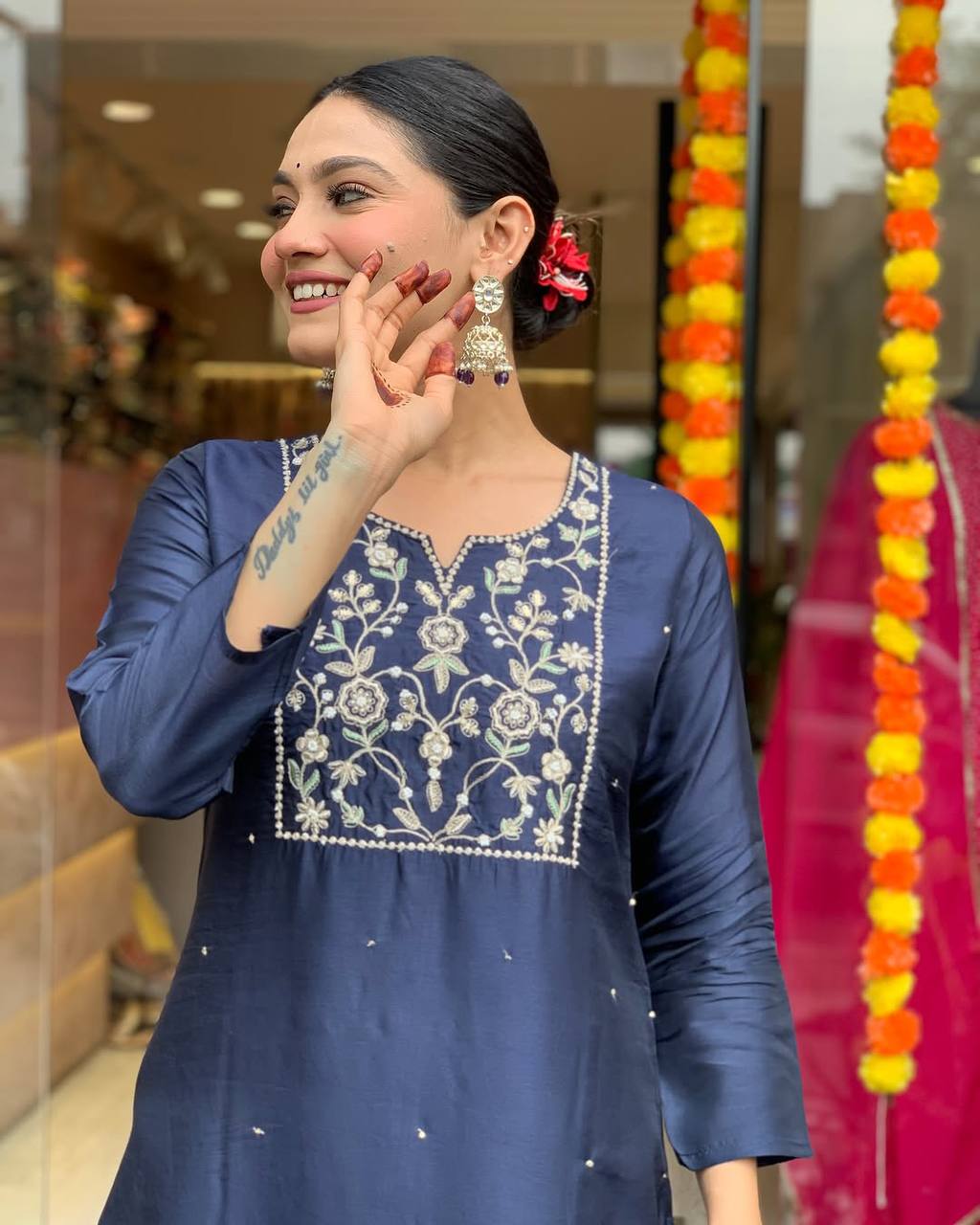 Navy Blue Color Viscose Chanderi Fabric Designer Printed Ethnic Partywear Suit