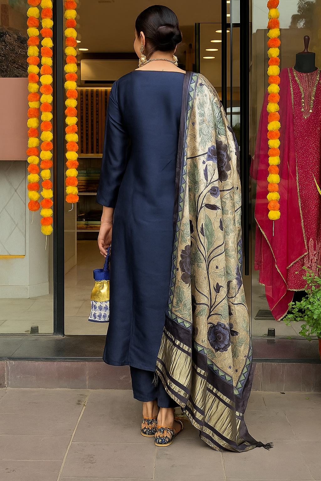 Navy Blue Color Viscose Chanderi Fabric Designer Printed Ethnic Partywear Suit