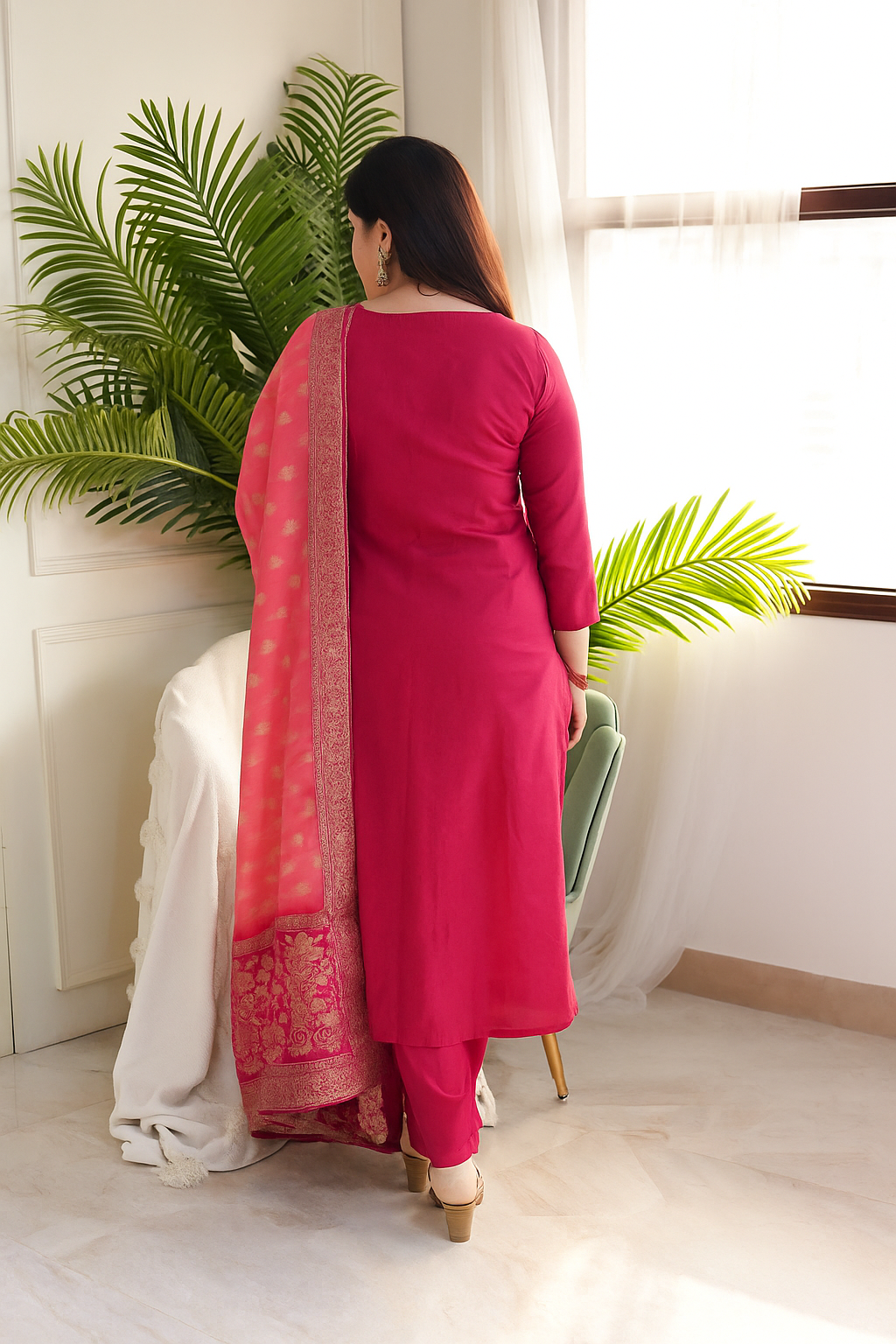 Rani Viscose Chanderi Heavy Thread Embroidery Work With Jacquard Dupatta Kurta Pant Set