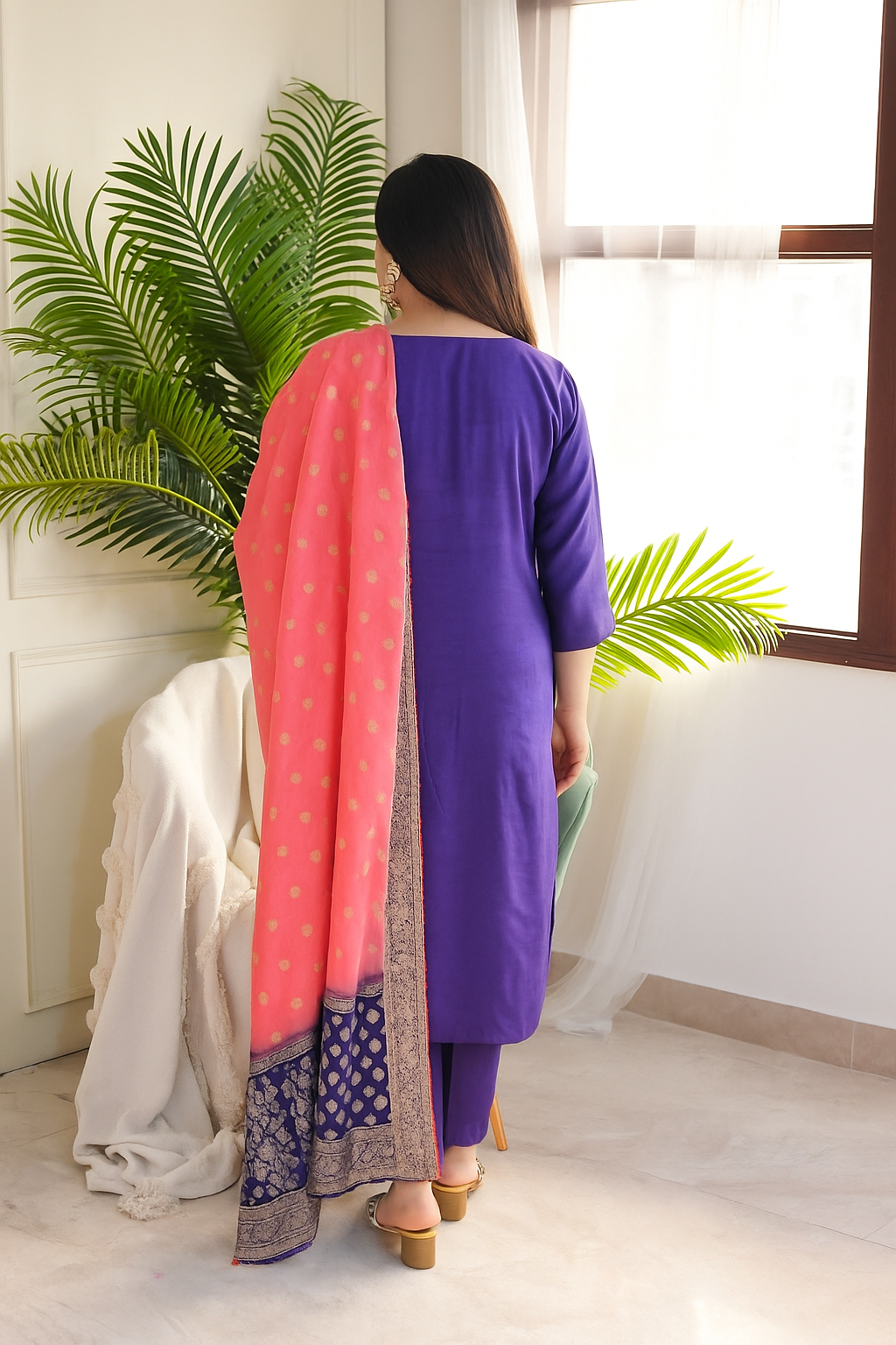 Purple Viscose Chanderi Embroidery Work With Jacquard Dupatta Kurta Pant Set