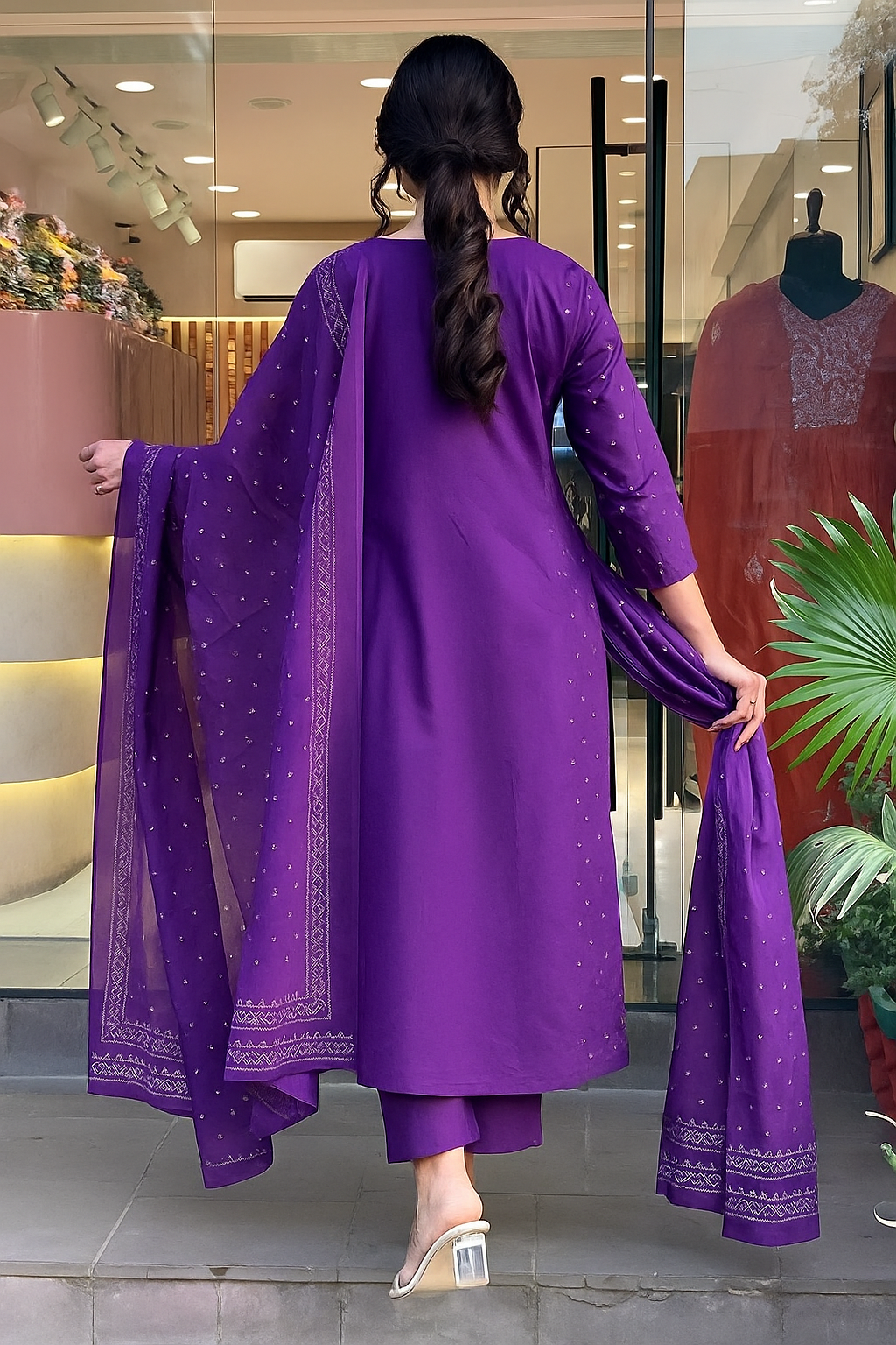 Purple Chanderi Readymade Pant Style Kurti with Dupatta