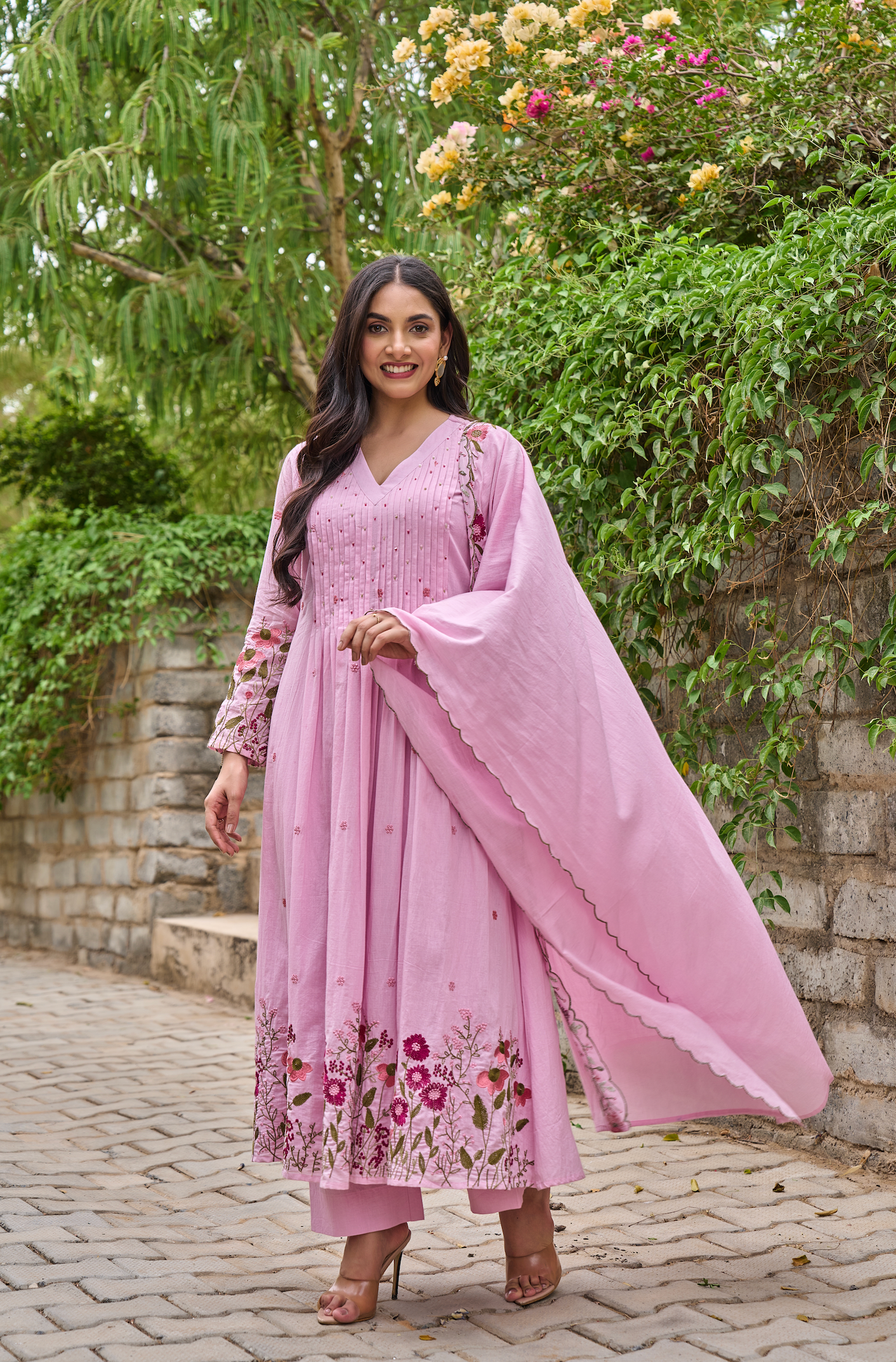 Pink & Red Floral Embroidered Cotton A-line Suit Set