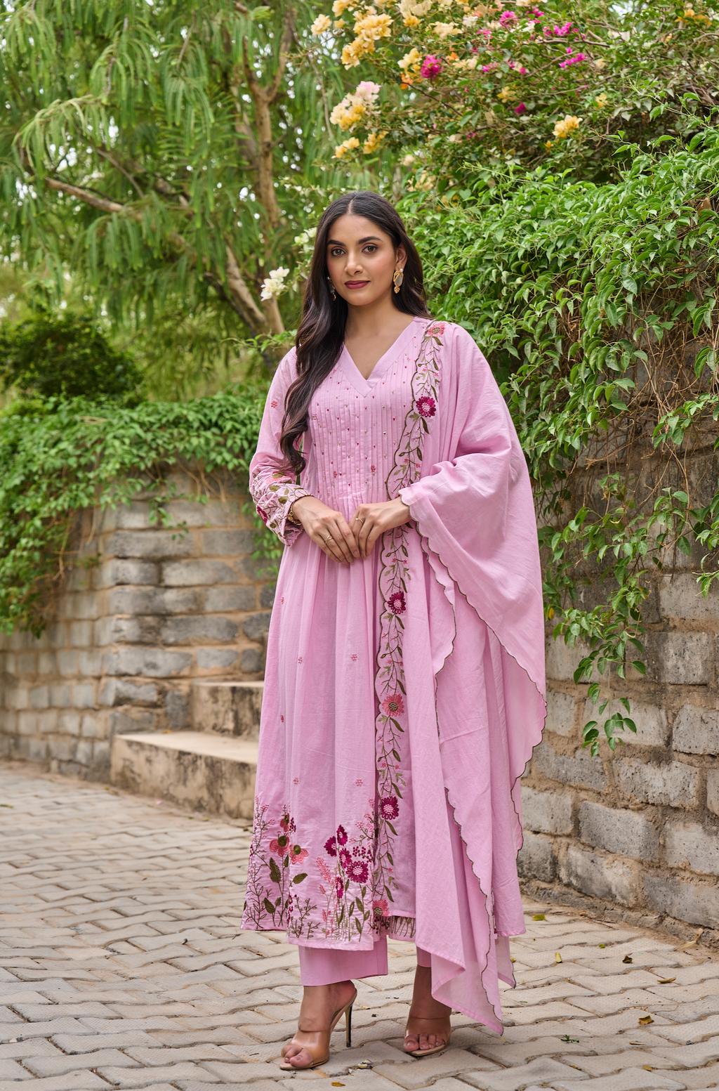 Pink & Red Floral Embroidered Cotton A-line Suit Set