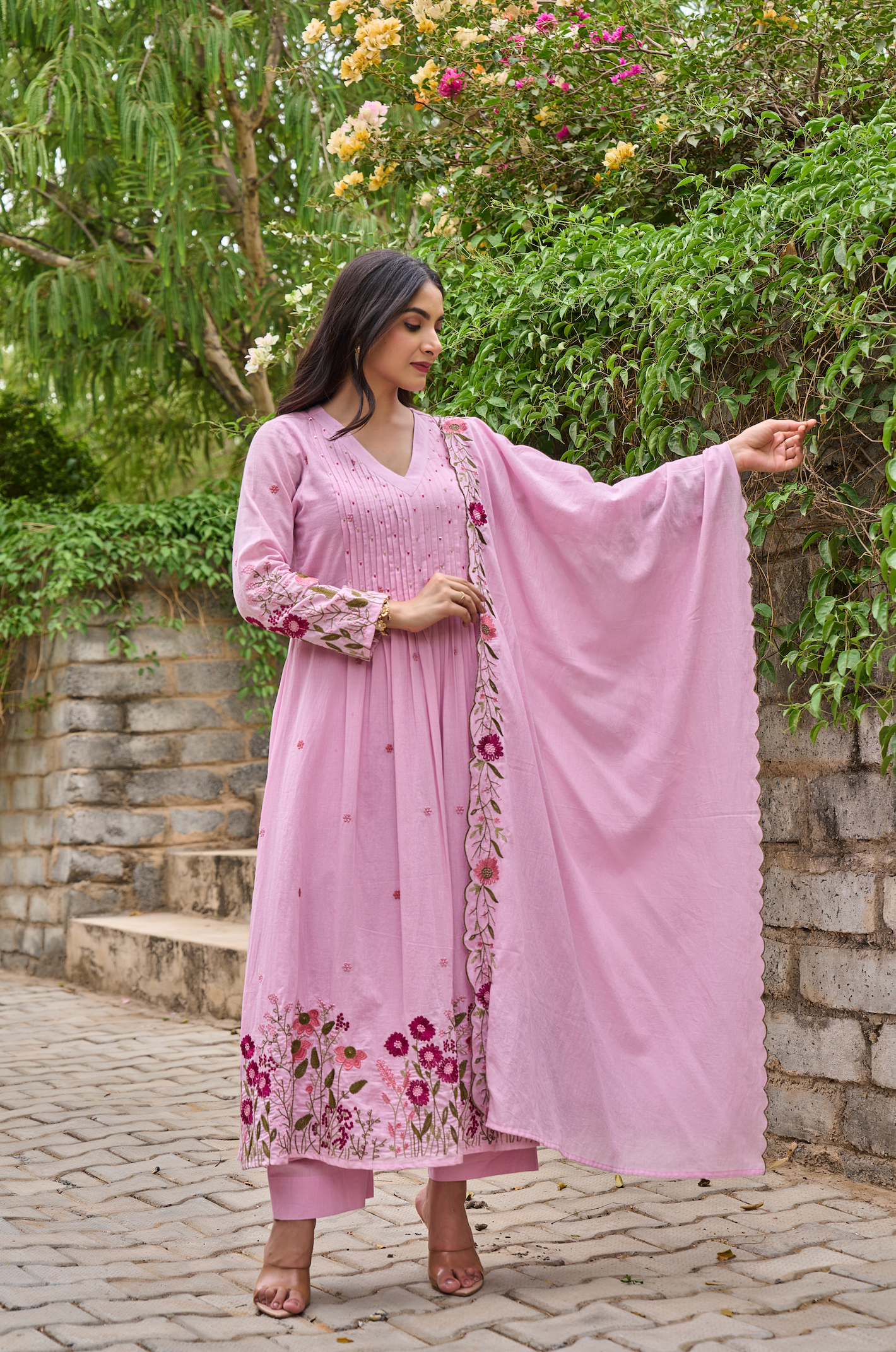 Pink & Red Floral Embroidered Cotton A-line Suit Set