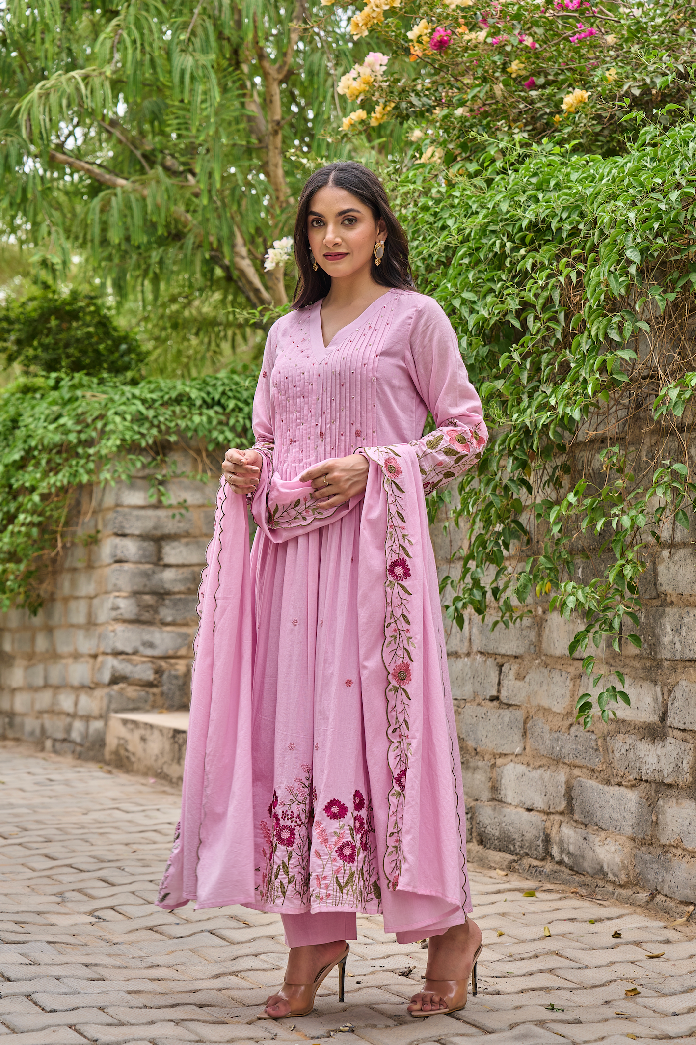 Pink & Red Floral Embroidered Cotton A-line Suit Set