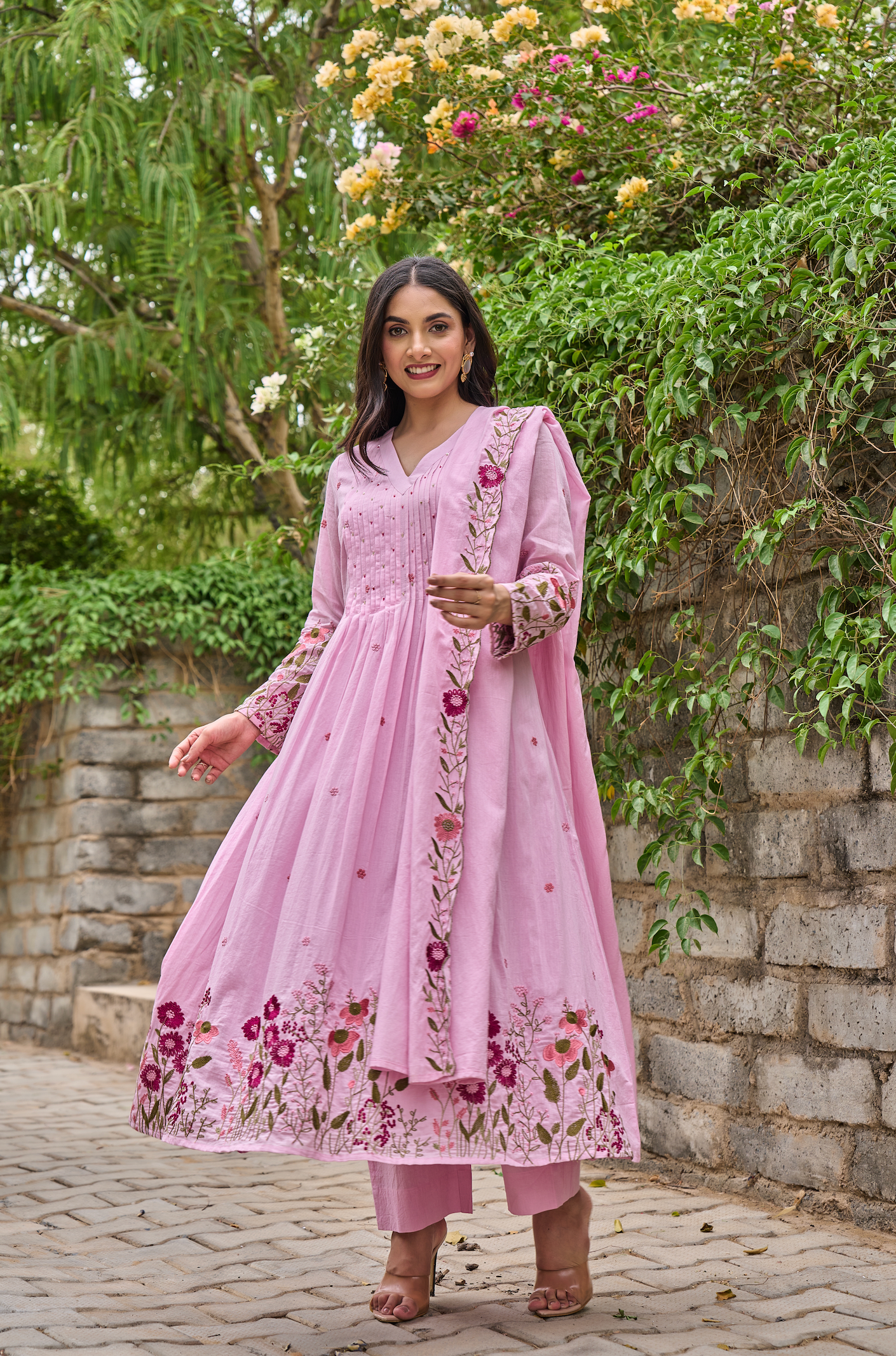 Pink & Red Floral Embroidered Cotton A-line Suit Set