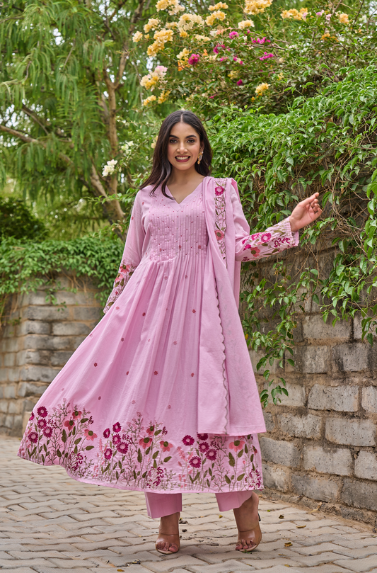 Pink & Red Floral Embroidered Cotton A-line Suit Set