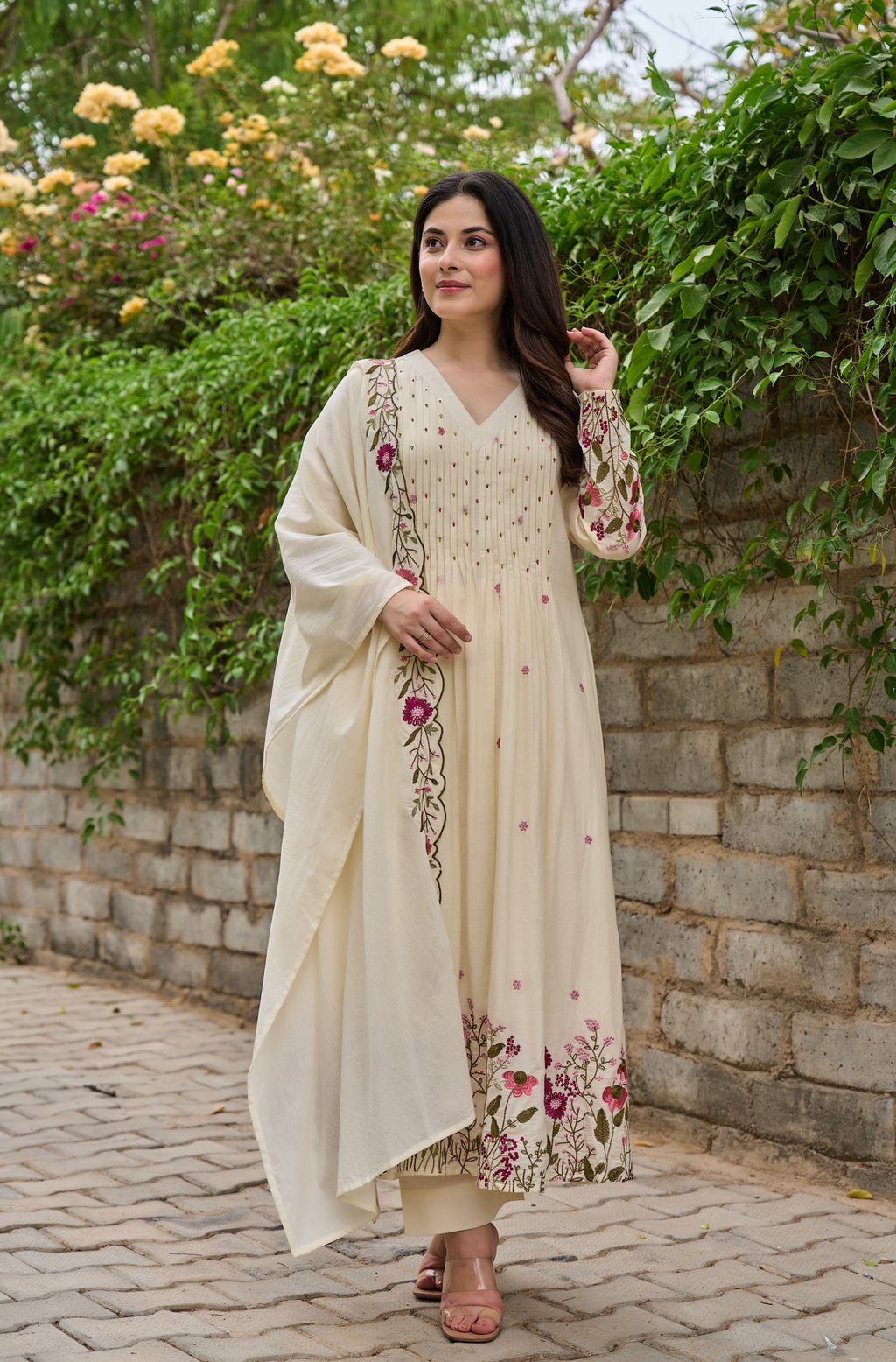 Cream & Red Floral Embroidered Cotton A-line Suit Set