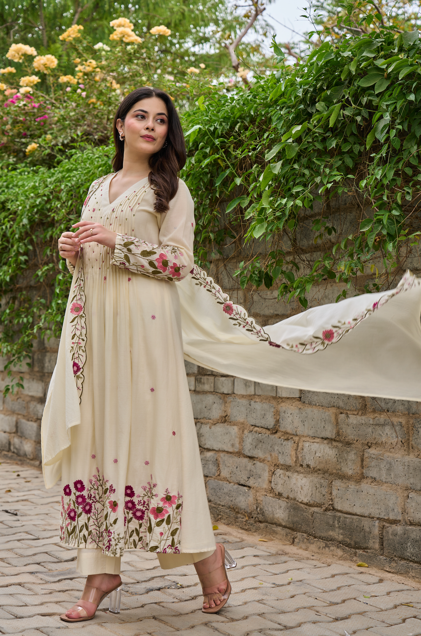 Cream & Red Floral Embroidered Cotton A-line Suit Set
