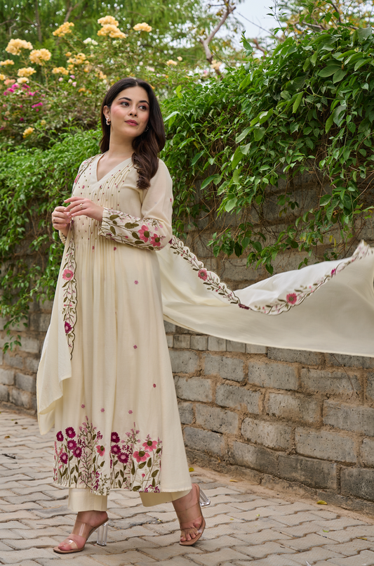 Cream & Red Floral Embroidered Cotton A-line Suit Set