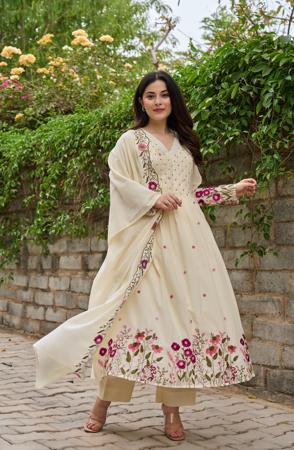 Cream & Red Floral Embroidered Cotton A-line Suit Set