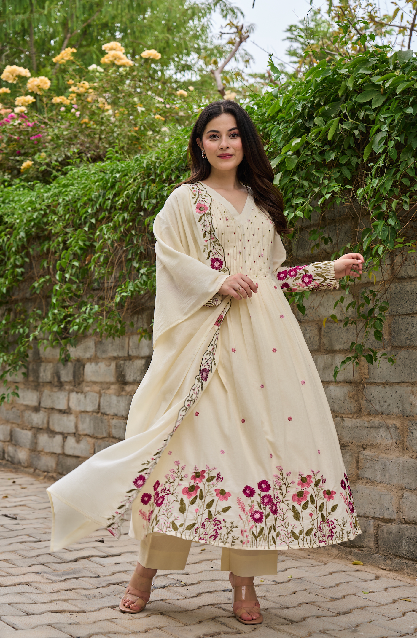Cream & Red Floral Embroidered Cotton A-line Suit Set