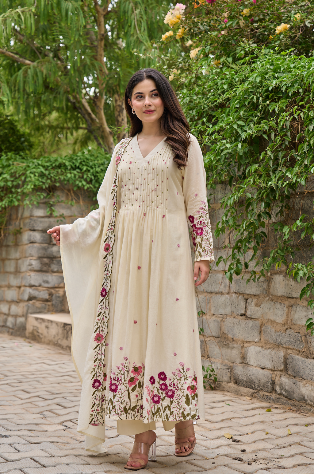Cream & Red Floral Embroidered Cotton A-line Suit Set