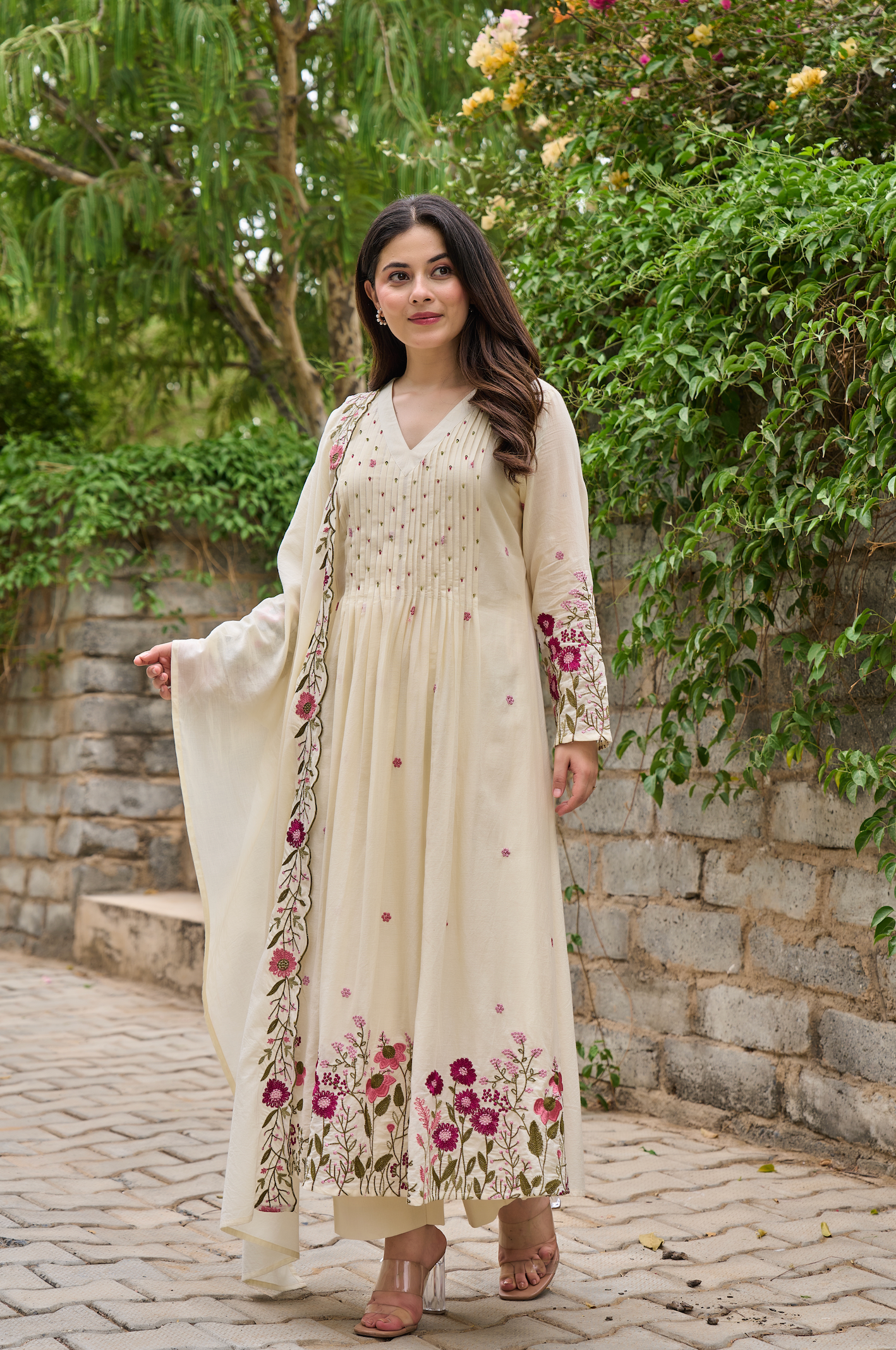 Cream & Red Floral Embroidered Cotton A-line Suit Set
