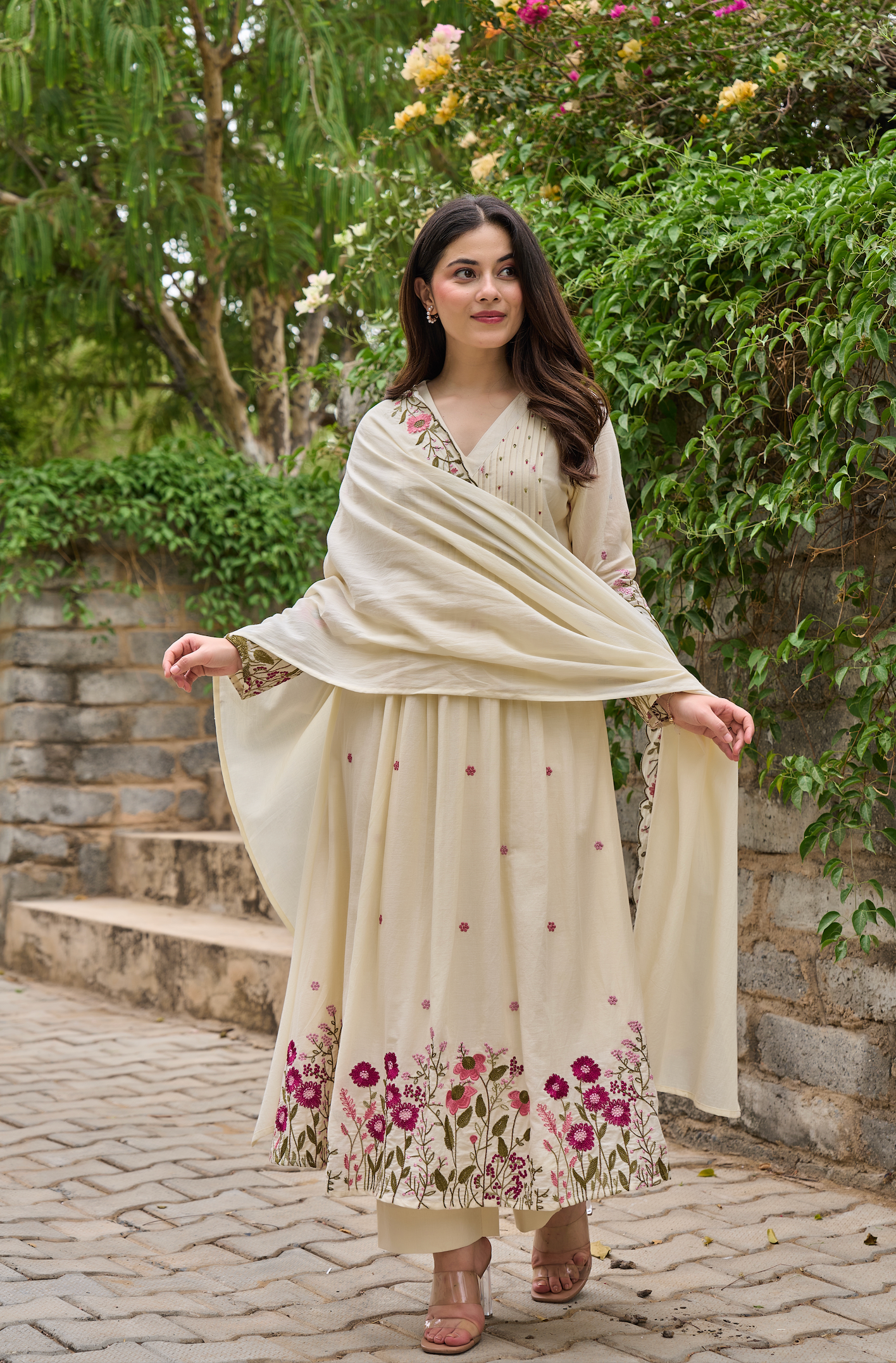 Cream & Red Floral Embroidered Cotton A-line Suit Set