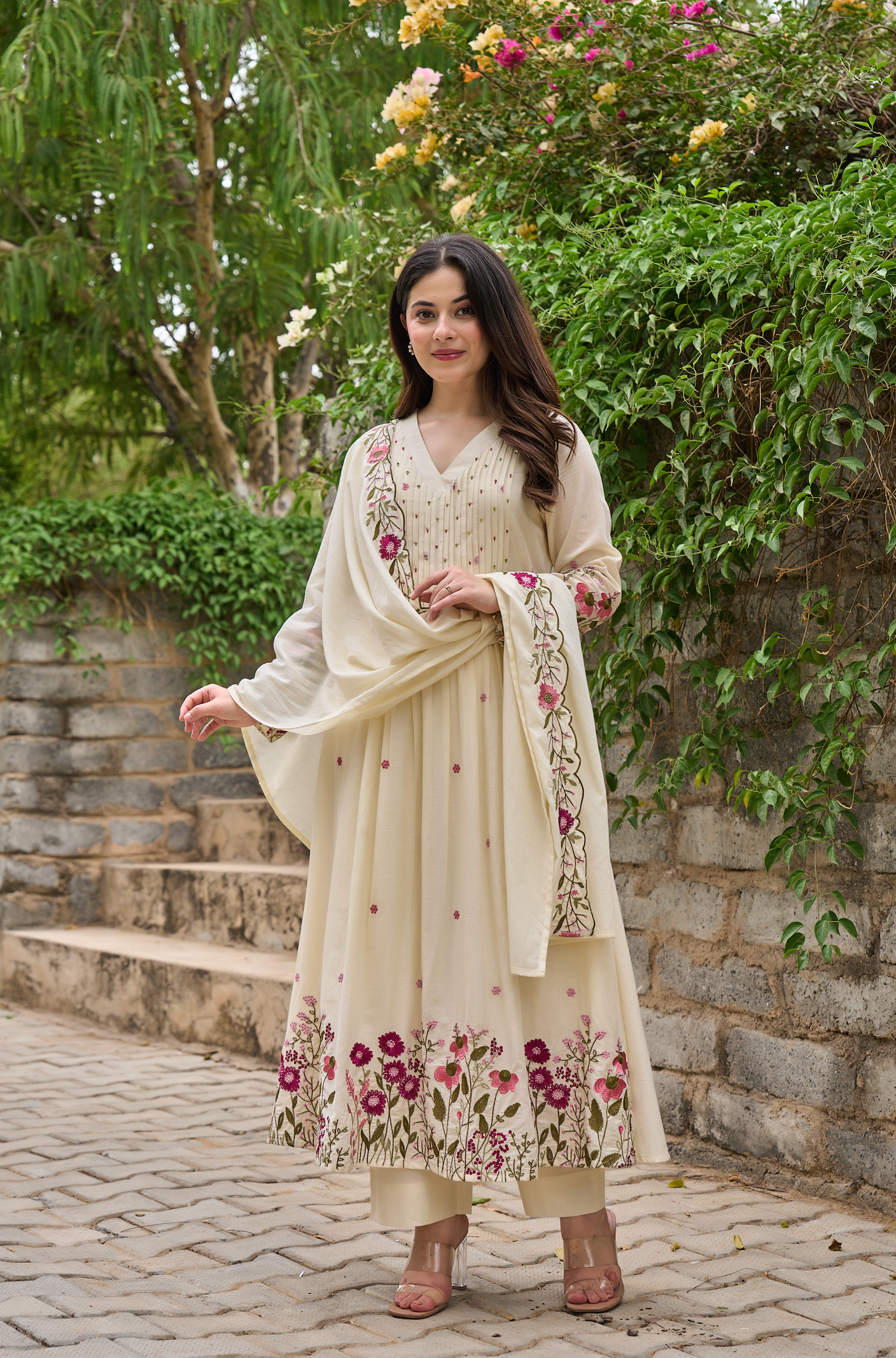 Cream & Red Floral Embroidered Cotton A-line Suit Set