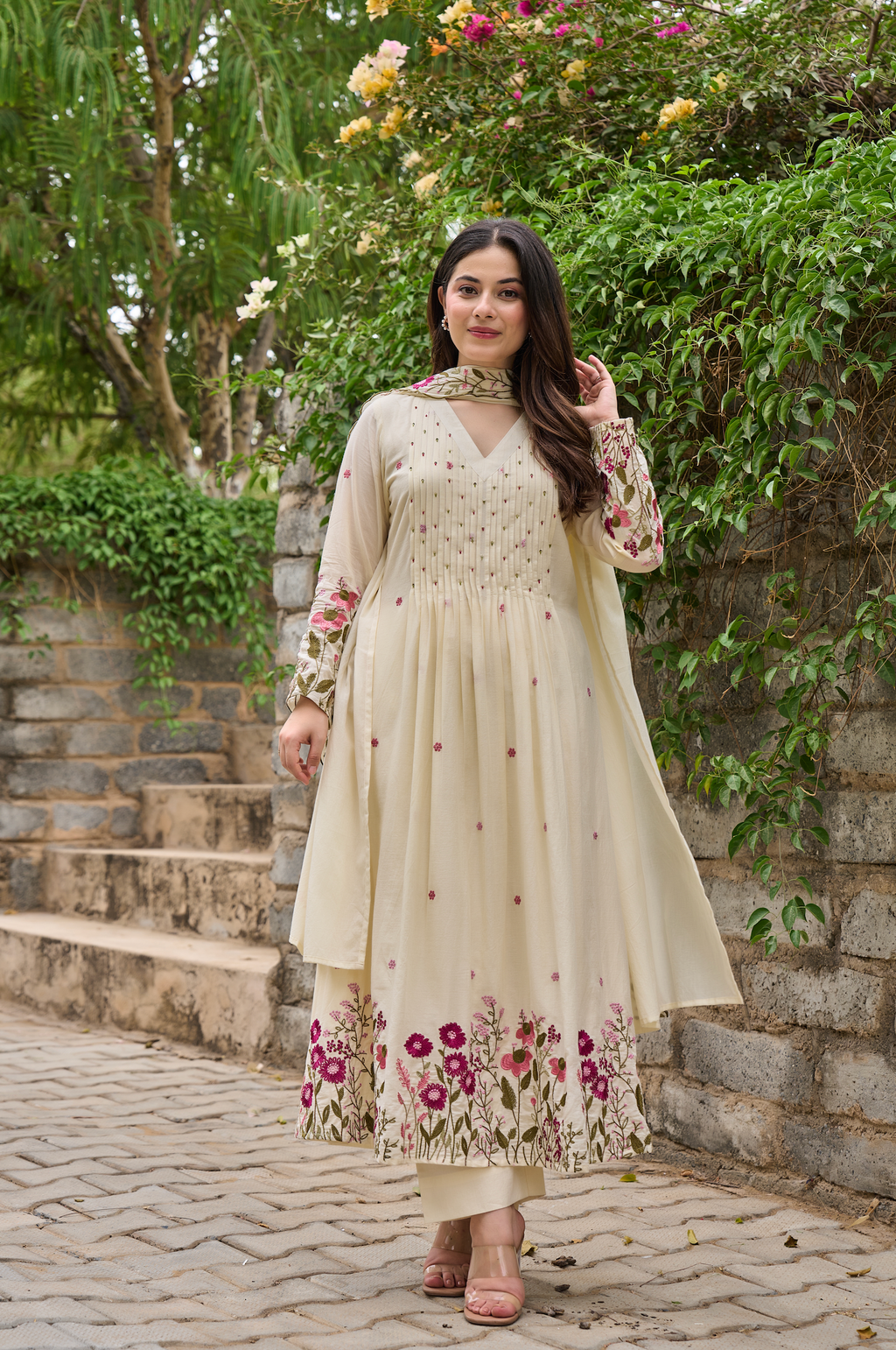 Cream & Red Floral Embroidered Cotton A-line Suit Set