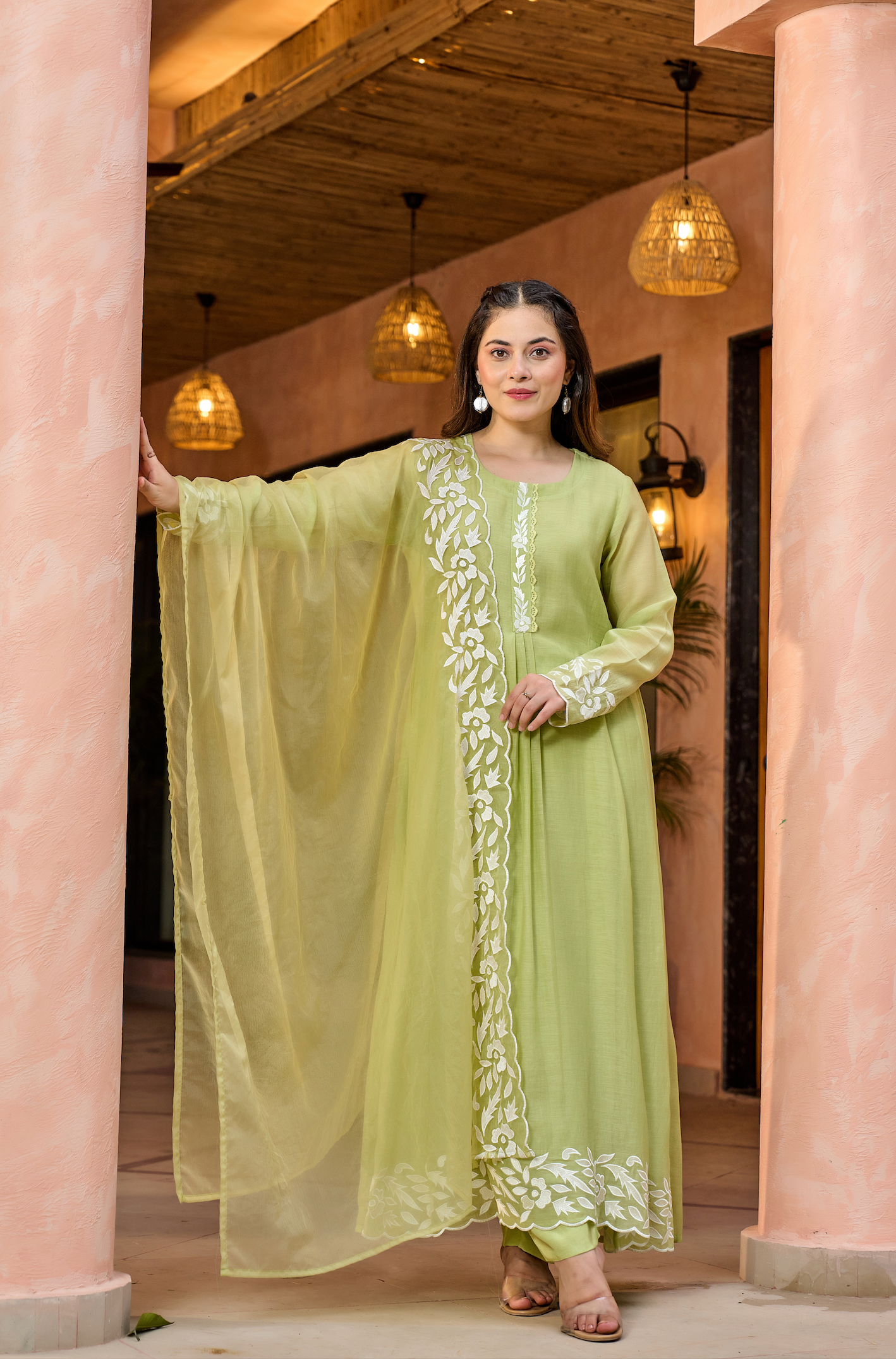 Lime Green Thread Embroidered A Line Mul Chanderi Suit