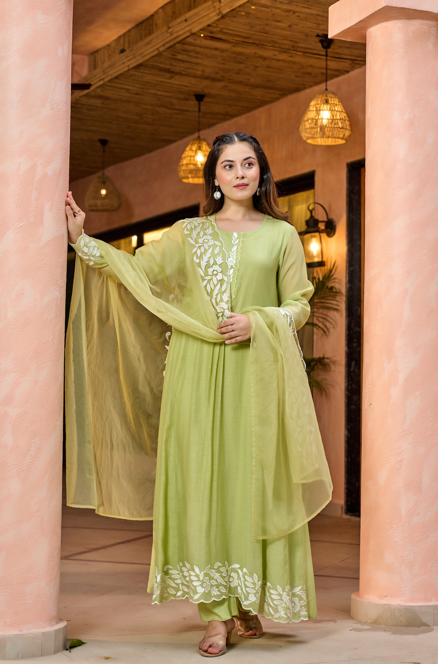 Lime Green Thread Embroidered A Line Mul Chanderi Suit
