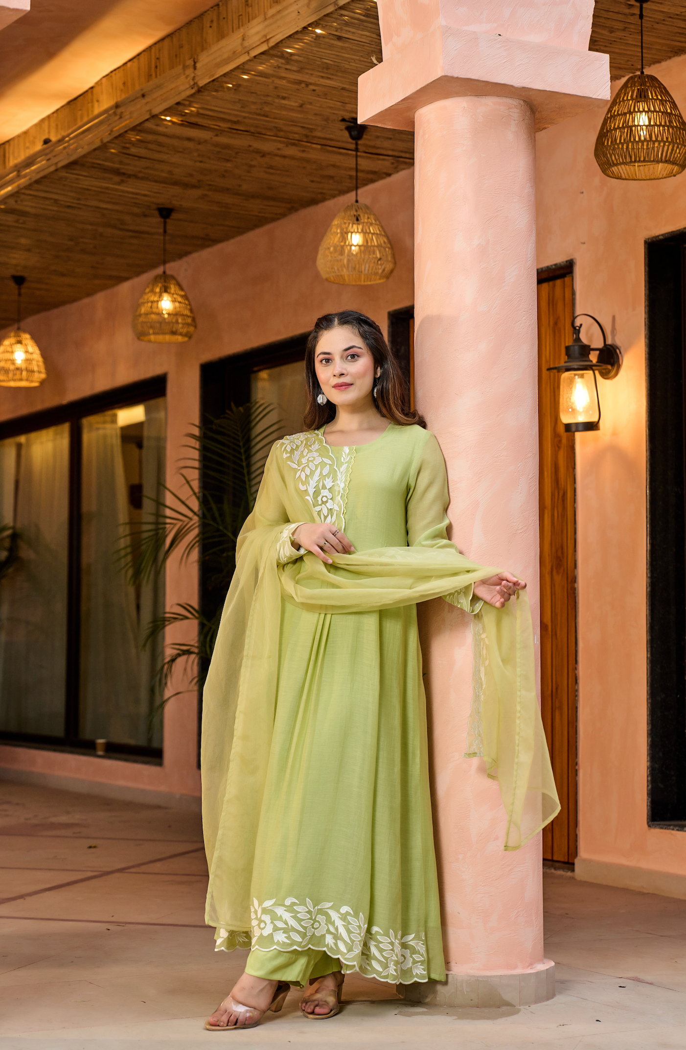 Lime Green Thread Embroidered A Line Mul Chanderi Suit