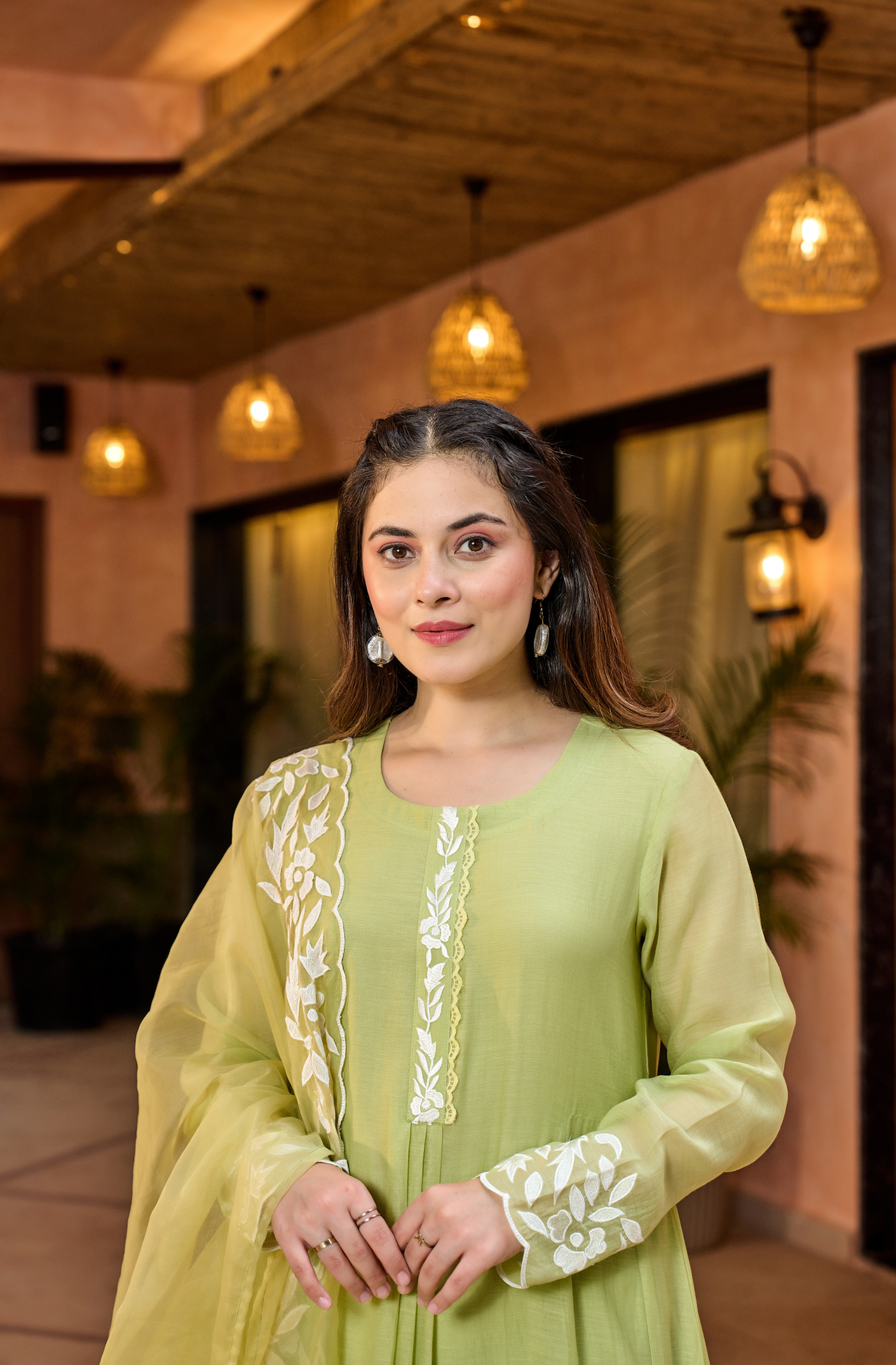 Lime Green Thread Embroidered A Line Mul Chanderi Suit