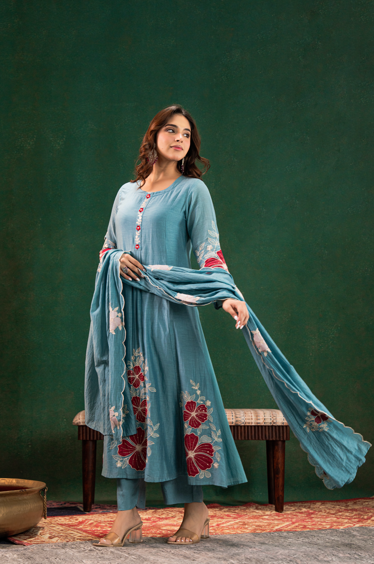 Sky Blue Women's Chanderi Silk Embrodiered Anarkali Salwar Kameez