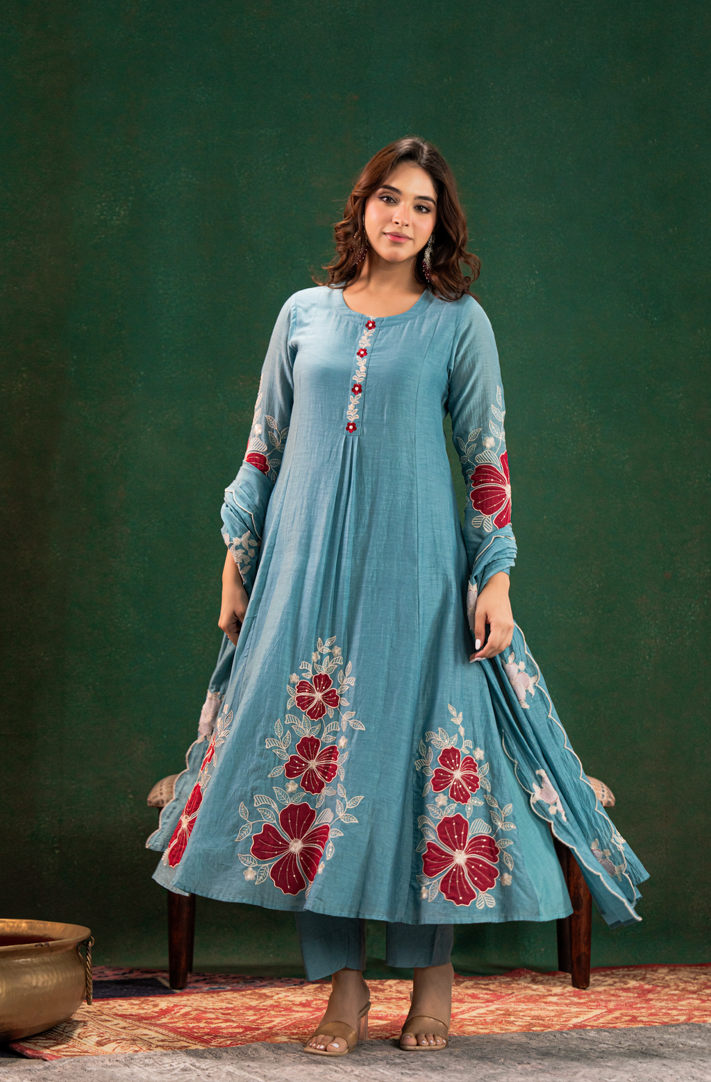 Sky Blue Women's Chanderi Silk Embrodiered Anarkali Salwar Kameez