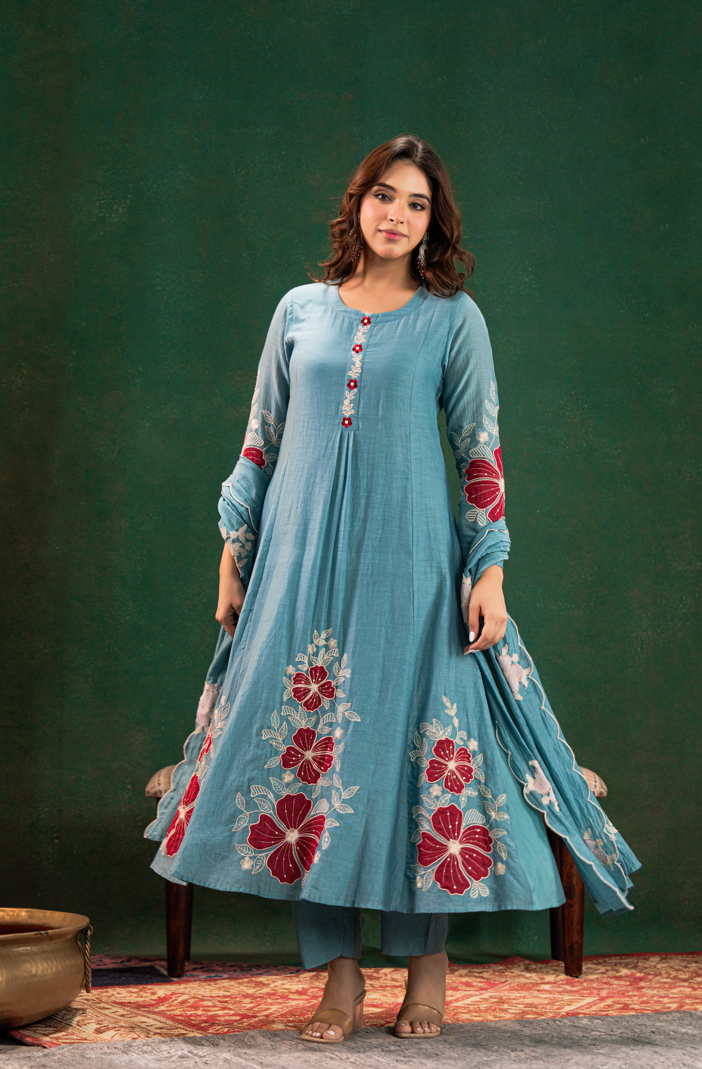 Sky Blue Women's Chanderi Silk Embrodiered Anarkali Salwar Kameez