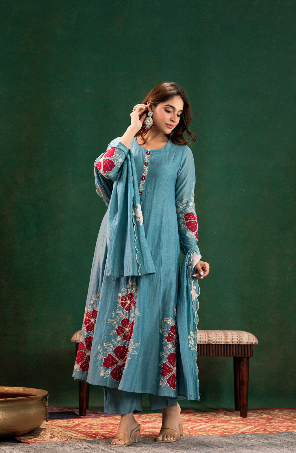 Sky Blue Women's Chanderi Silk Embrodiered Anarkali Salwar Kameez