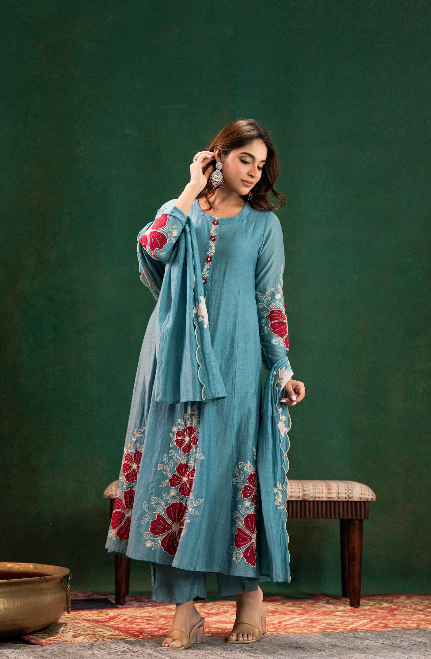 Sky Blue Women's Chanderi Silk Embrodiered Anarkali Salwar Kameez