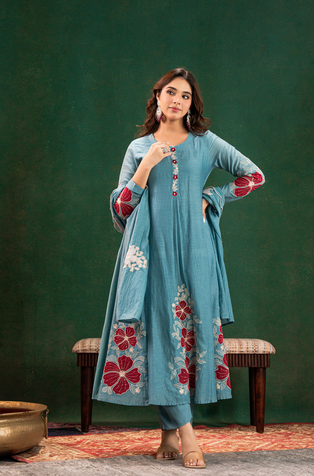 Sky Blue Women's Chanderi Silk Embrodiered Anarkali Salwar Kameez