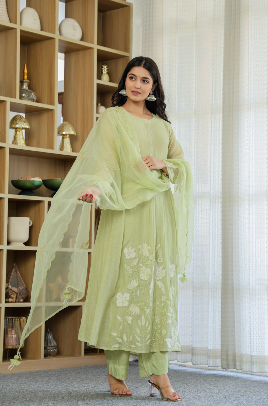 PISTA CHANDERI SILK KURTA WITH PANT AND EMBROIDERED DUPATTA