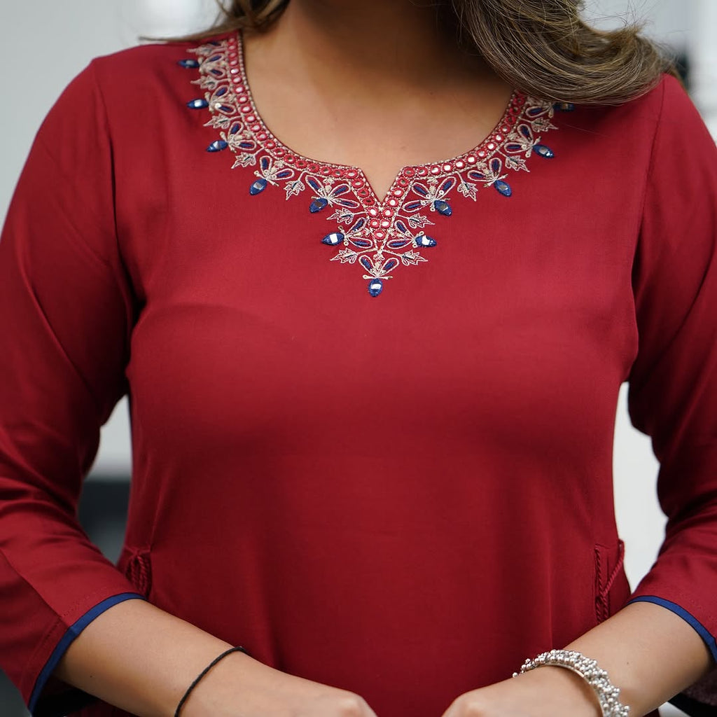 Red Viscose Rayon Embroidered A-Line Kurta with Viscose Rayon Pant And Chanderi Printed Dupatta Sets