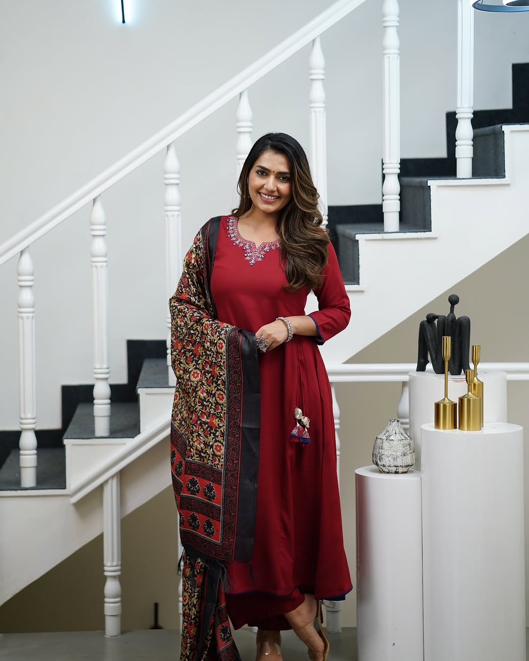 Red Viscose Rayon Embroidered A-Line Kurta with Viscose Rayon Pant And Chanderi Printed Dupatta Sets
