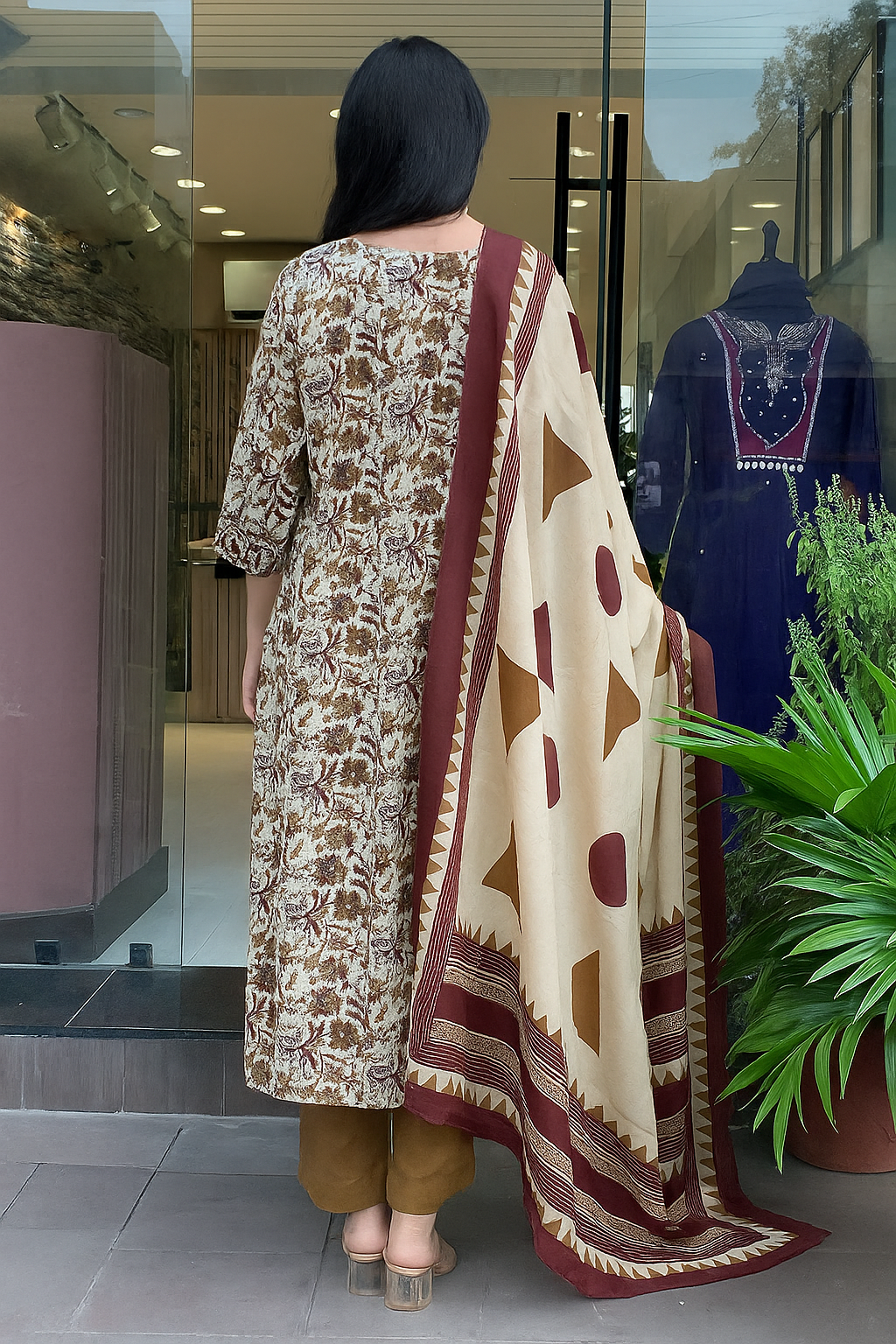 Cream Colour Fabulous Printed Magic Cotton Flared Kurti Pant Set with Cotton Dupatta for Ethnic Wear