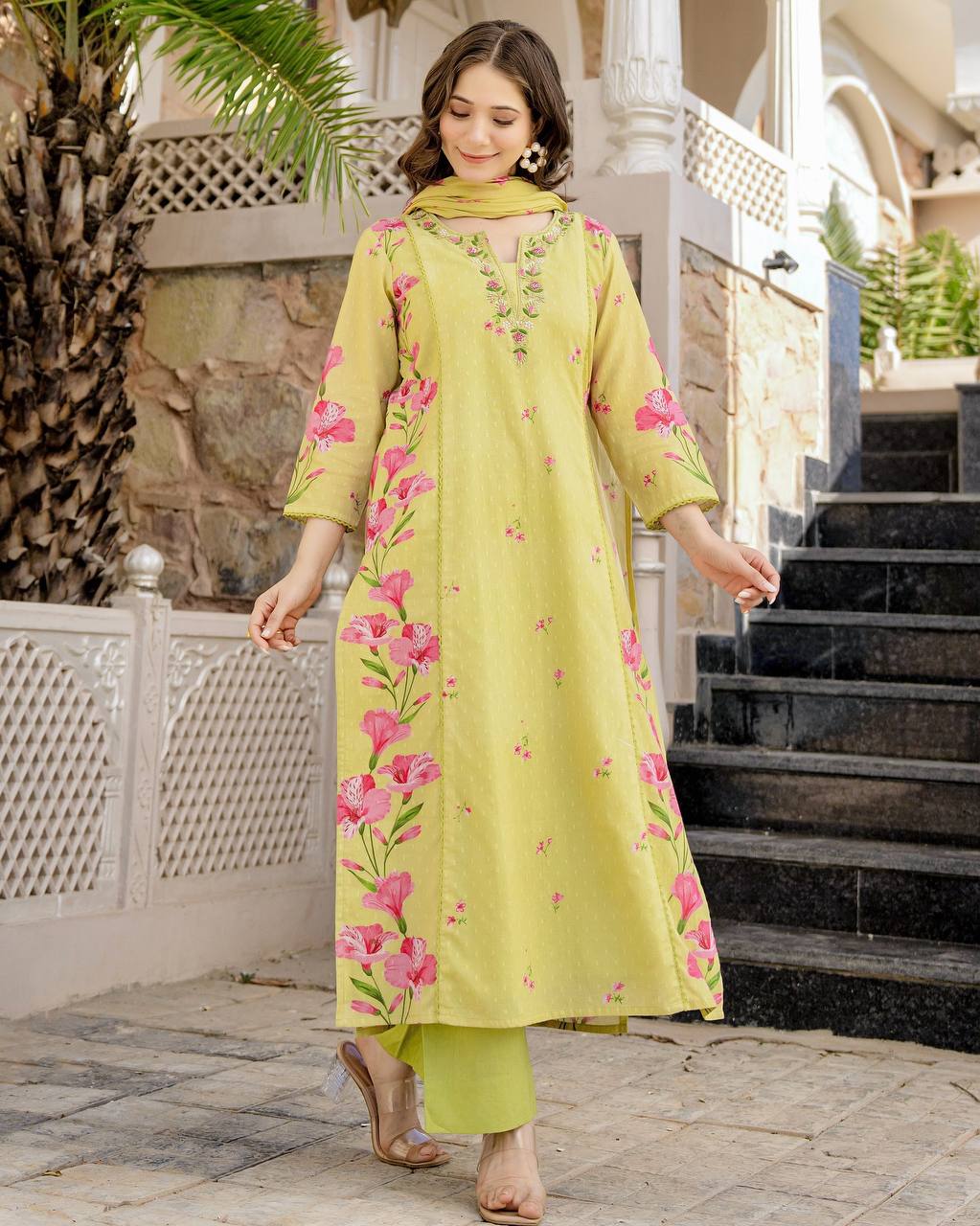 Lemon Chanderi Butti And Printed Kurti Set with Matching Dupatta Perfect for Daily Wear