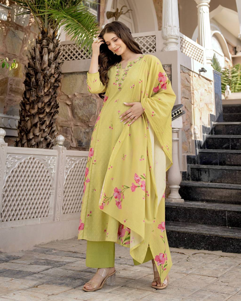 Lemon Chanderi Butti And Printed Kurti Set with Matching Dupatta Perfect for Daily Wear