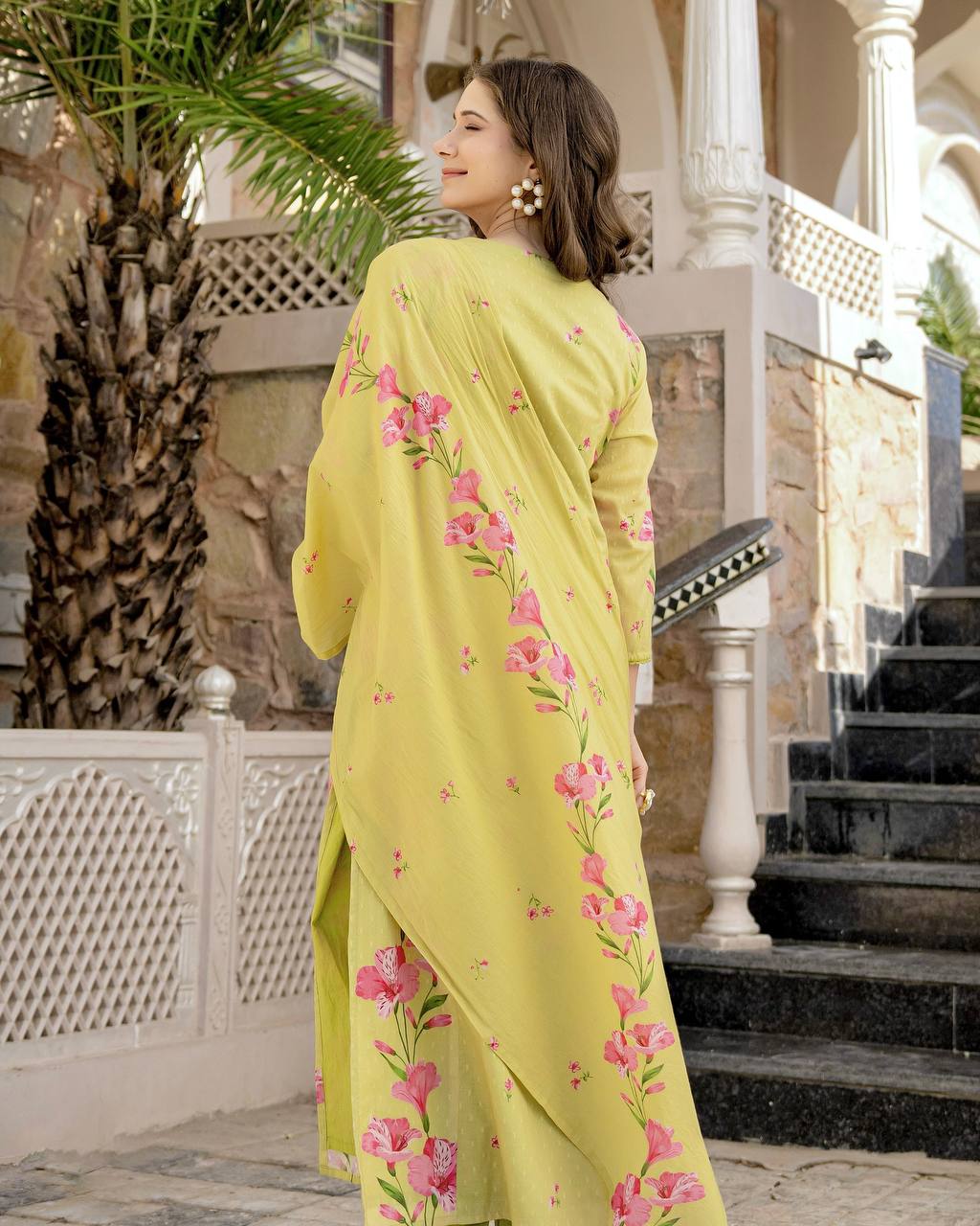 Lemon Chanderi Butti And Printed Kurti Set with Matching Dupatta