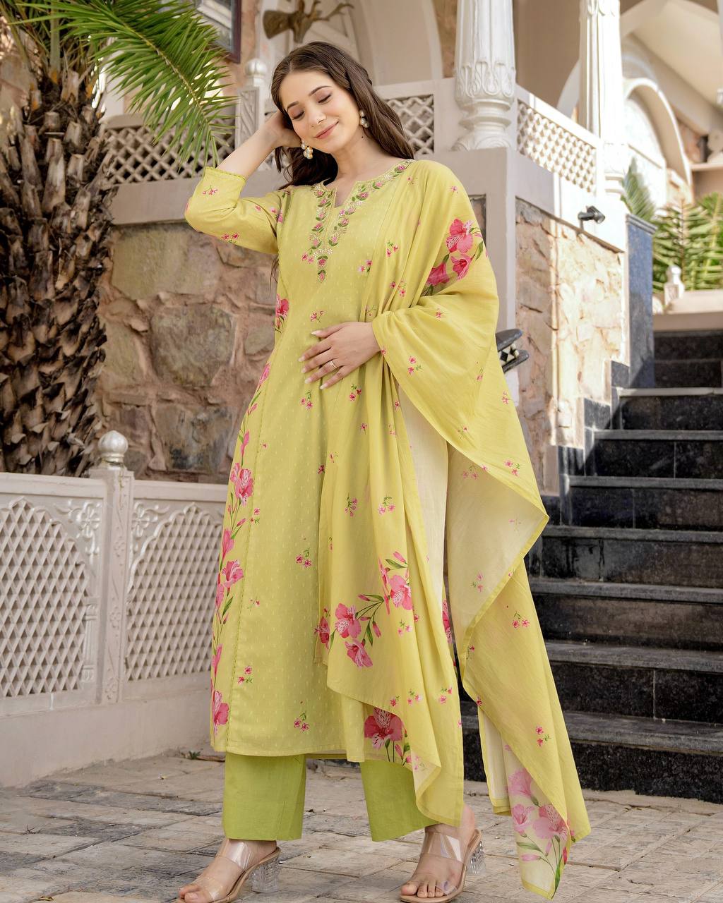 Lemon Chanderi Butti And Printed Kurti Set with Matching Dupatta Perfect for Daily Wear